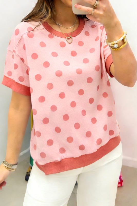 Pink Color Block Trim Polka Dot Casual Tee-Tops/Tops & Tees-[Adult]-[Female]-Pink-S-2022 Online Blue Zone Planet