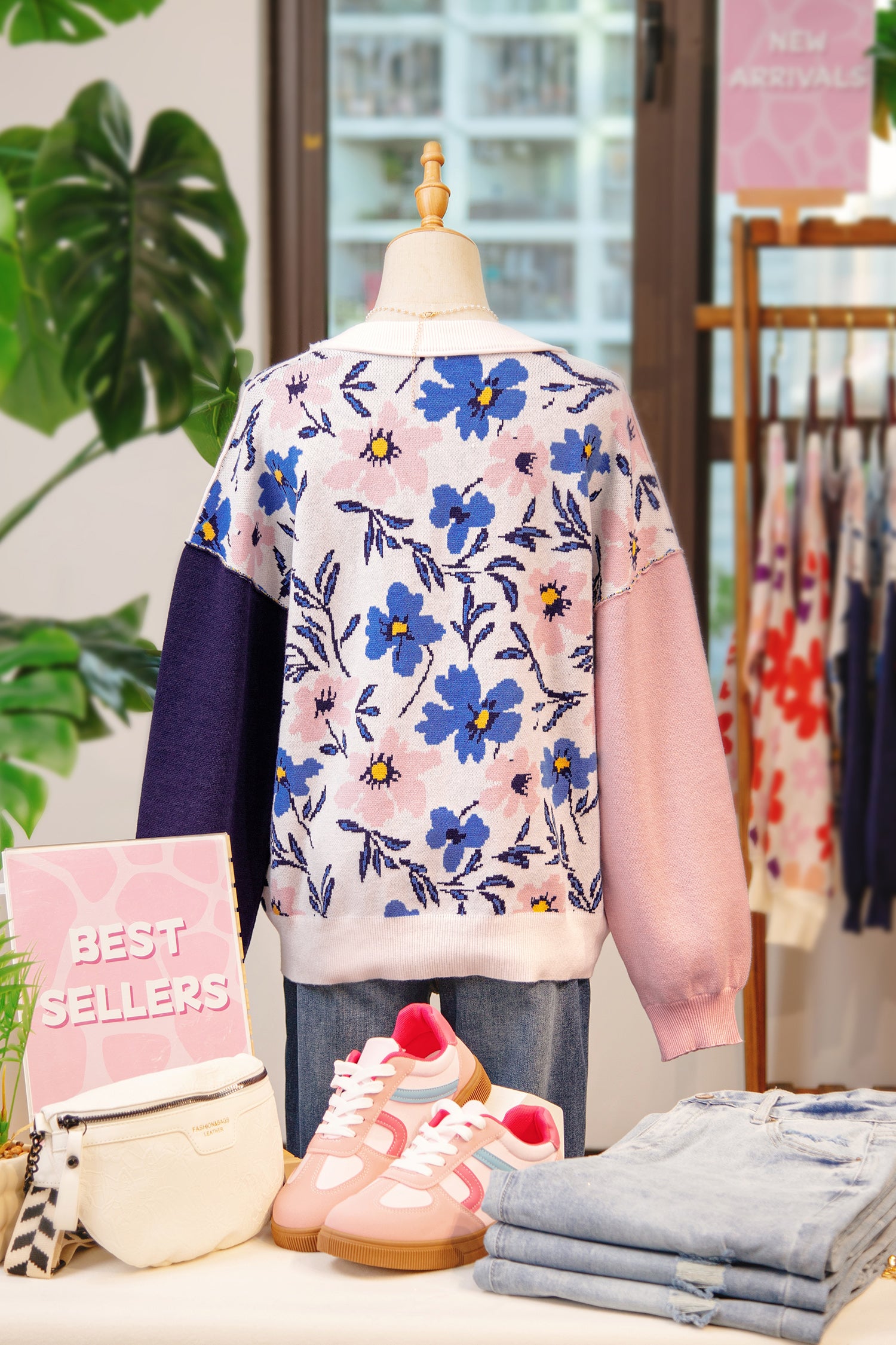 Khaki Floral Panel Colorblock Sleeve Patchwork Sweater-TOPS / DRESSES-[Adult]-[Female]-2022 Online Blue Zone Planet