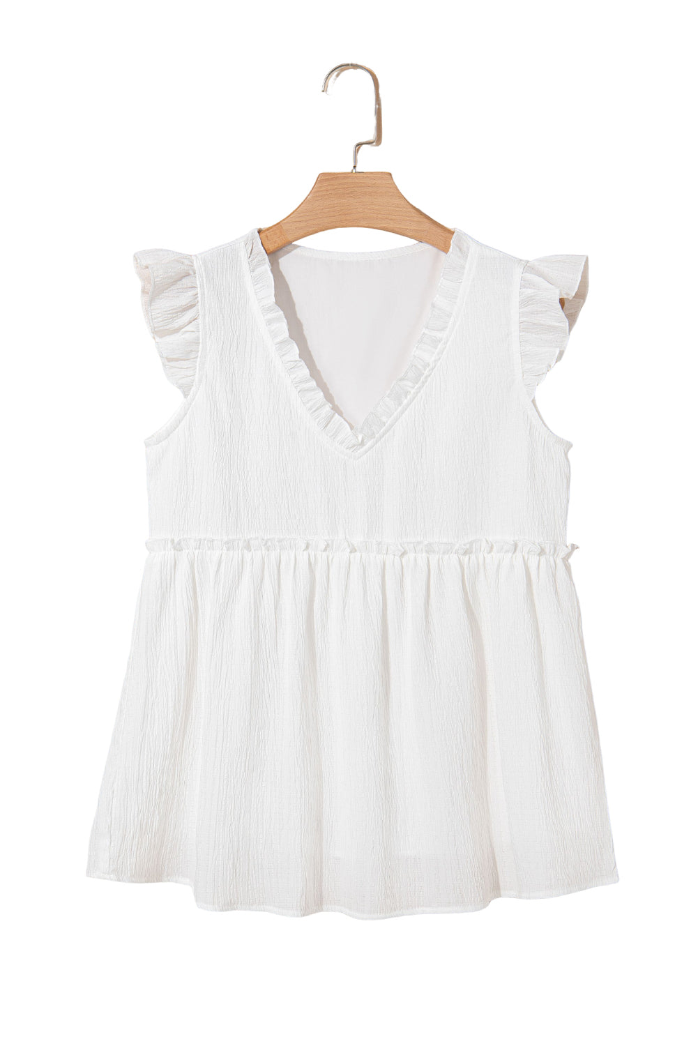 White Textured Ruffled Trim V Neck Flutter Flowy Top-Tops/Blouses & Shirts-[Adult]-[Female]-2022 Online Blue Zone Planet