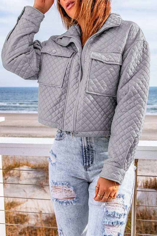 Gray Quilted Pocketed Zip-up Cropped Jacket-Outerwear/Jackets-[Adult]-[Female]-Gray-S-2022 Online Blue Zone Planet