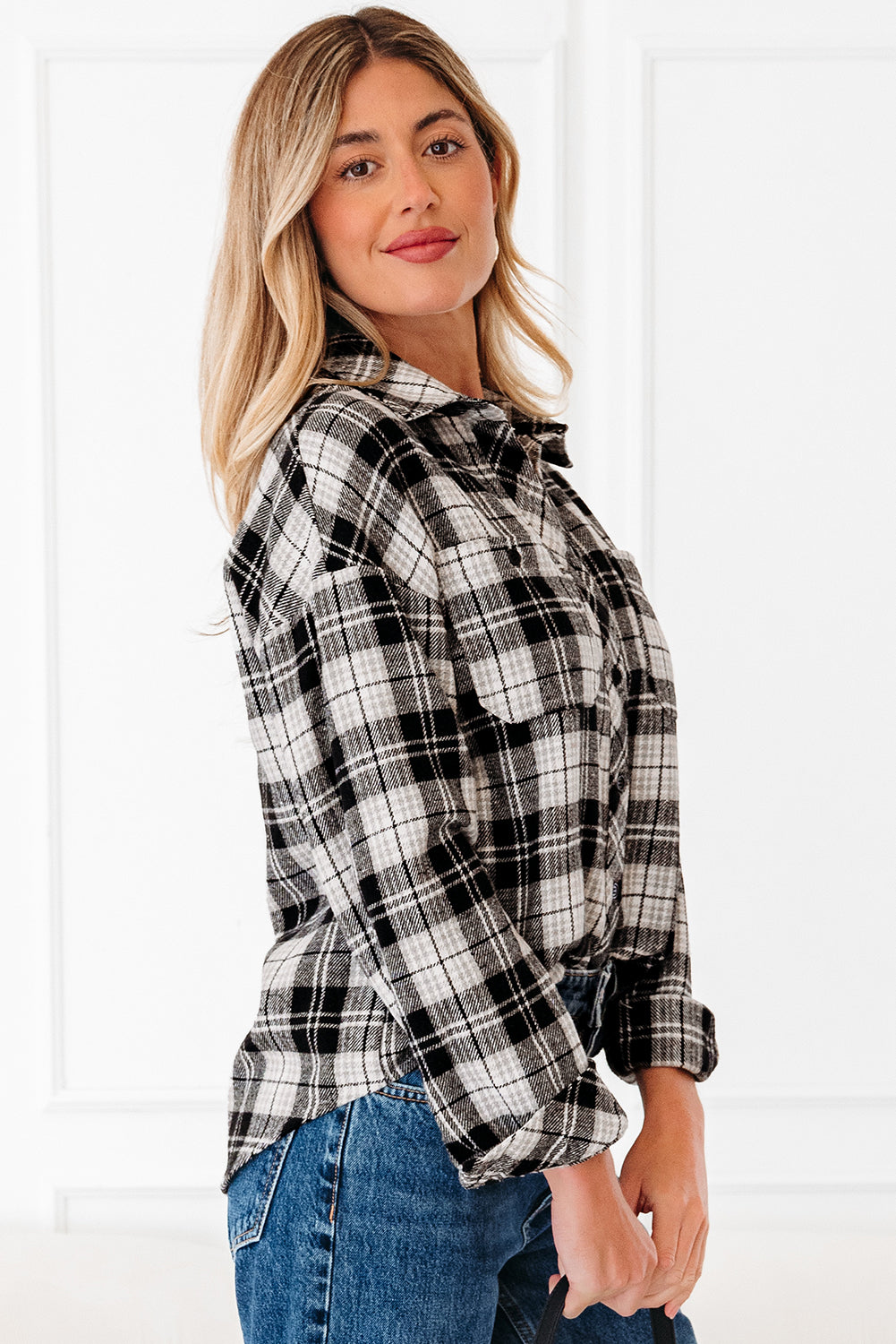 Black Plaid Print Chest Pockets Buttoned Shirt-Tops/Blouses & Shirts-[Adult]-[Female]-2022 Online Blue Zone Planet