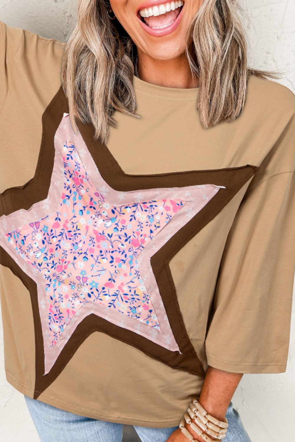 Star Applique Patch Round Neck T-Shirt-TOPS / DRESSES-[Adult]-[Female]-Tan-S-2022 Online Blue Zone Planet