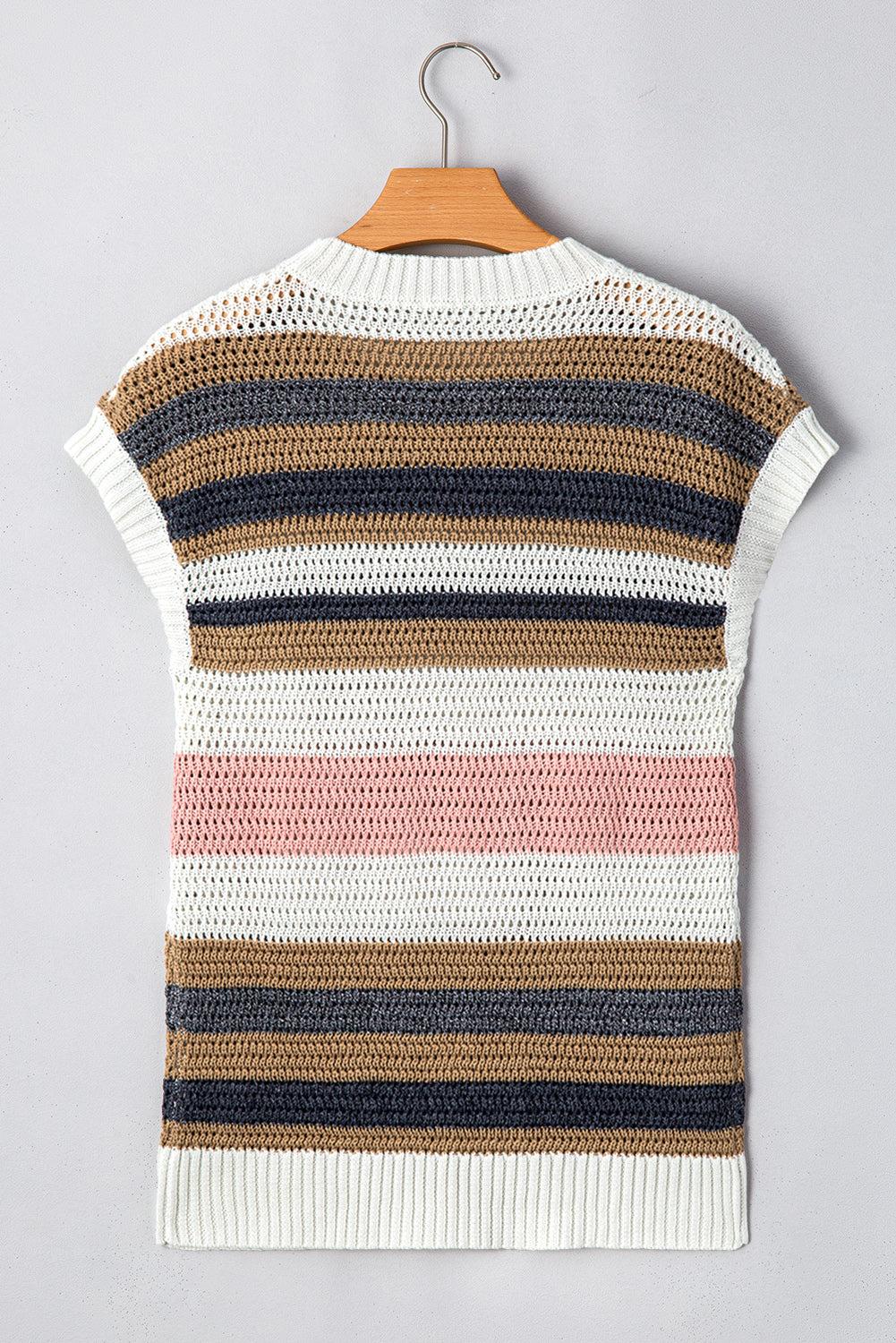 Blue Zone Planet | Pink Stripe Colorblock Eyelet Knit Short Sleeve Sweater Tee-Short Sleeve Sweater-[Adult]-[Female]-2022 Online Blue Zone Planet