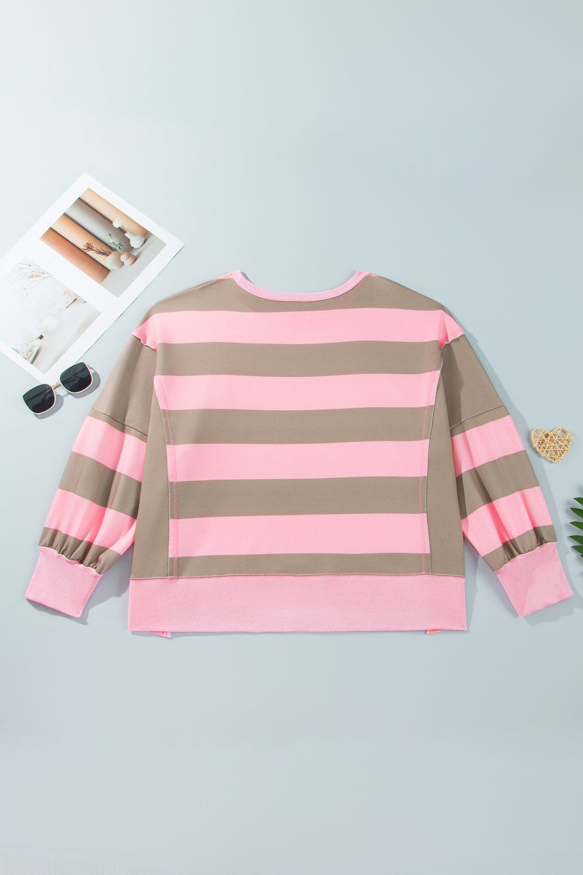 Pink Stripe Raw Seam Patchwork Drop Shoulder Plus Size Sweatshirt