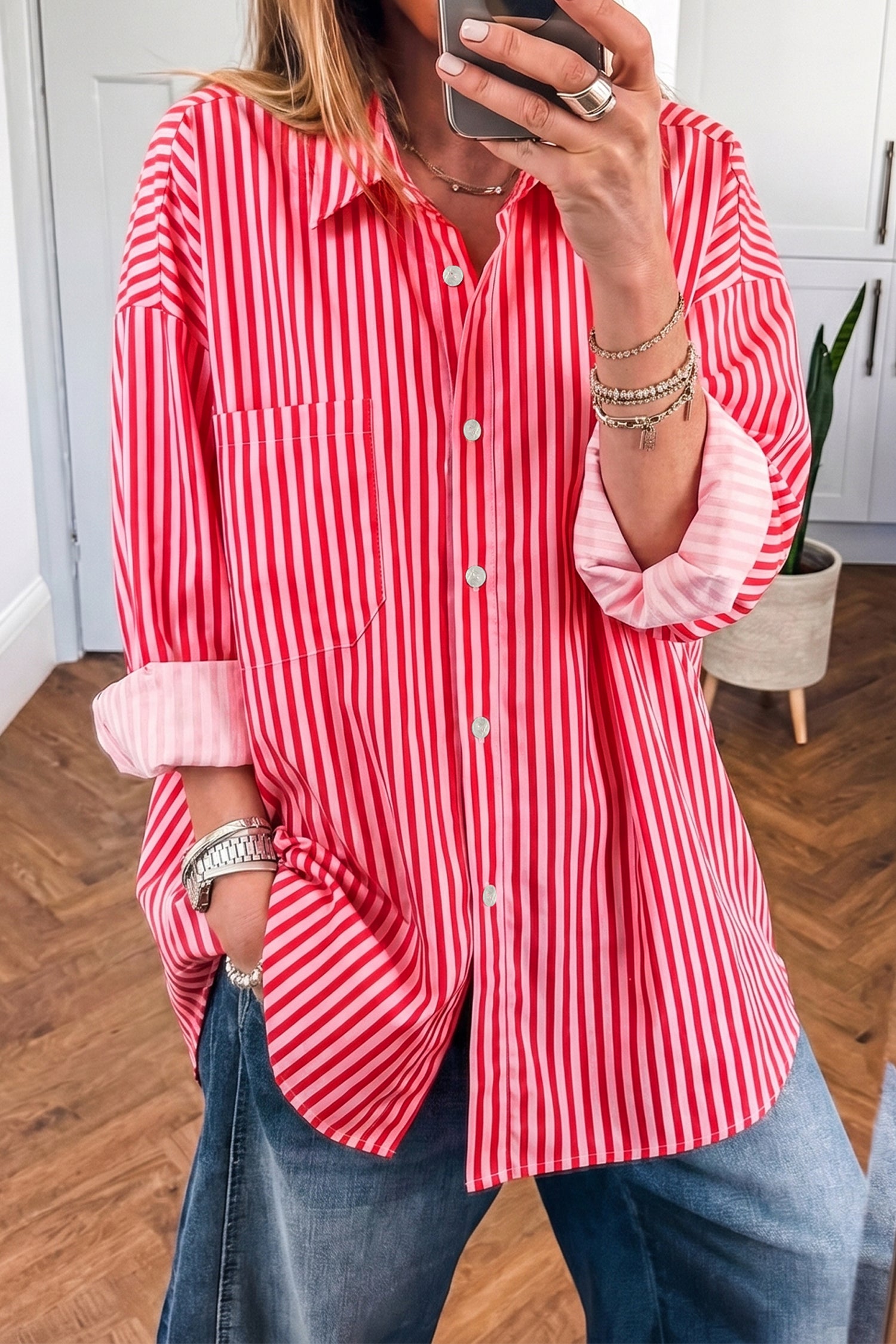Red Stripe Button-Up Shirt Long Sleeve Patch Pocket Casual Shirt-Tops/Blouses & Shirts-[Adult]-[Female]-2022 Online Blue Zone Planet