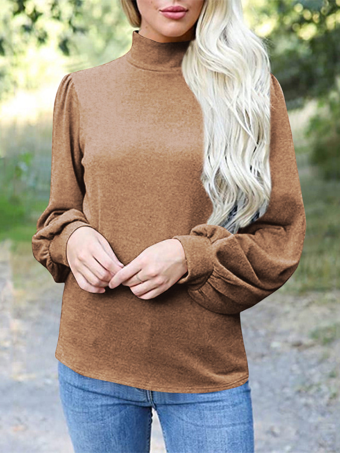 Full Size Mock Neck Long Sleeve T-Shirt-TOPS / DRESSES-[Adult]-[Female]-Camel-S-2022 Online Blue Zone Planet