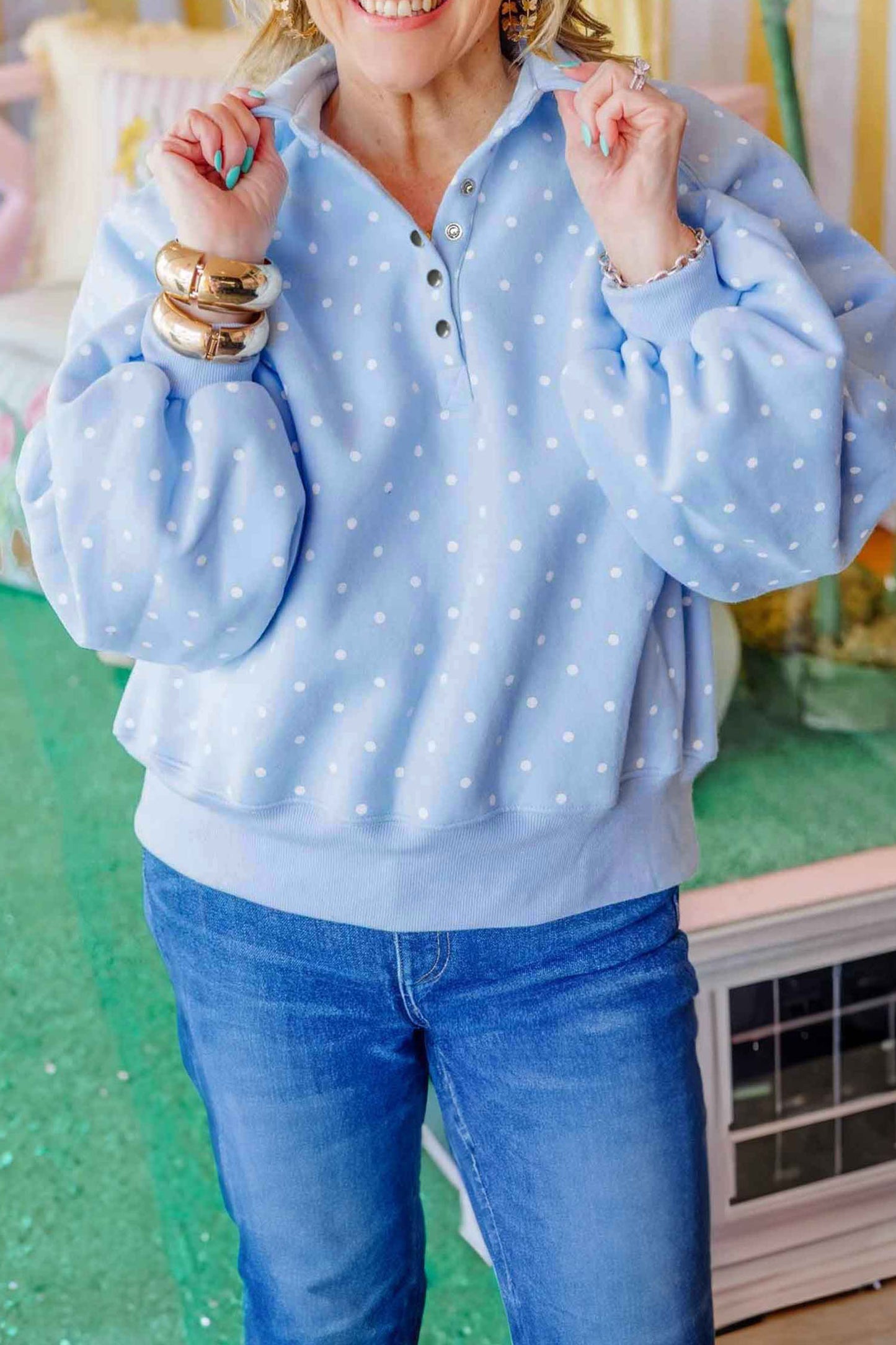 Sky Blue Polka Dot V Neck Metal Button Long Sleeve Shift Plus Size Sweatshirt-Plus Size/Plus Size Sweatshirts & Hoodies-[Adult]-[Female]-2022 Online Blue Zone Planet
