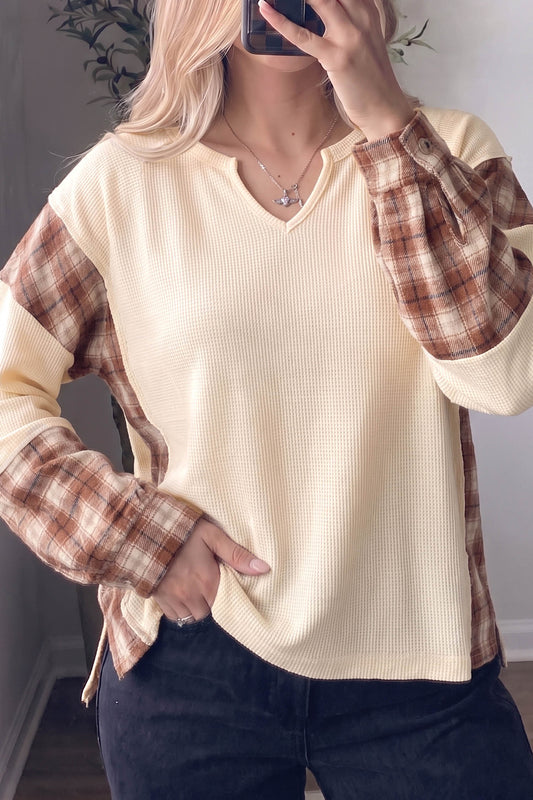 Beige Waffle Textured V Neck Plaid Colorblock Drop Shoulder Long Sleeve Top-Tops/Long Sleeve Tops-[Adult]-[Female]-Beige-S-2022 Online Blue Zone Planet