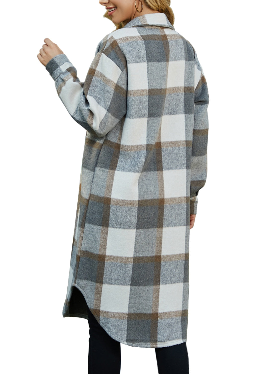 Plaid Collared Neck Long Sleeve Longline Jacket-TOPS / DRESSES-[Adult]-[Female]-2022 Online Blue Zone Planet