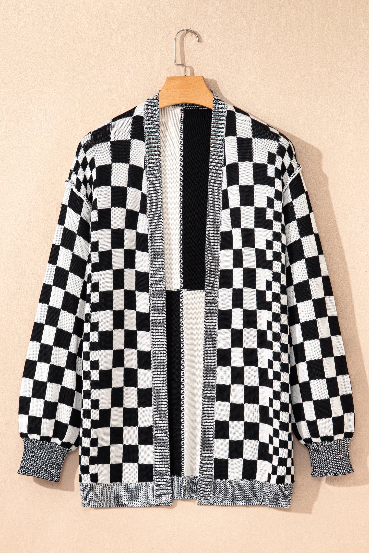 Black Checkered Bubble Sleeve Drop Shoulder Open Cardigan-Plus Size/Plus Size Sweaters & Cardigans-[Adult]-[Female]-2022 Online Blue Zone Planet