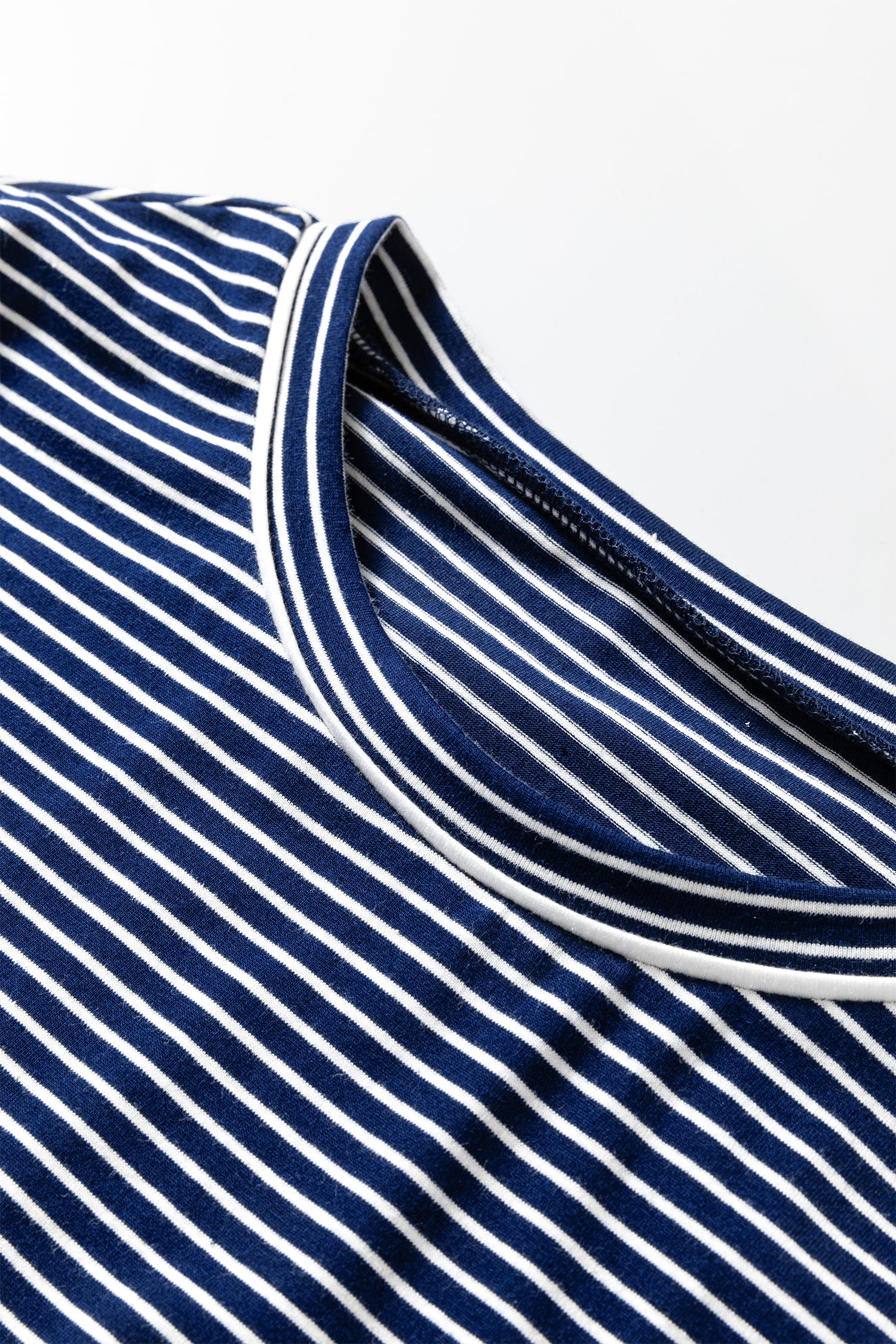 Blue Stripe Drop Shoulder Round Neck Long Sleeve Tee and Buttoned Shorts 2pcs Lounge Set-Loungewear & Sleepwear/Loungewear-[Adult]-[Female]-2022 Online Blue Zone Planet