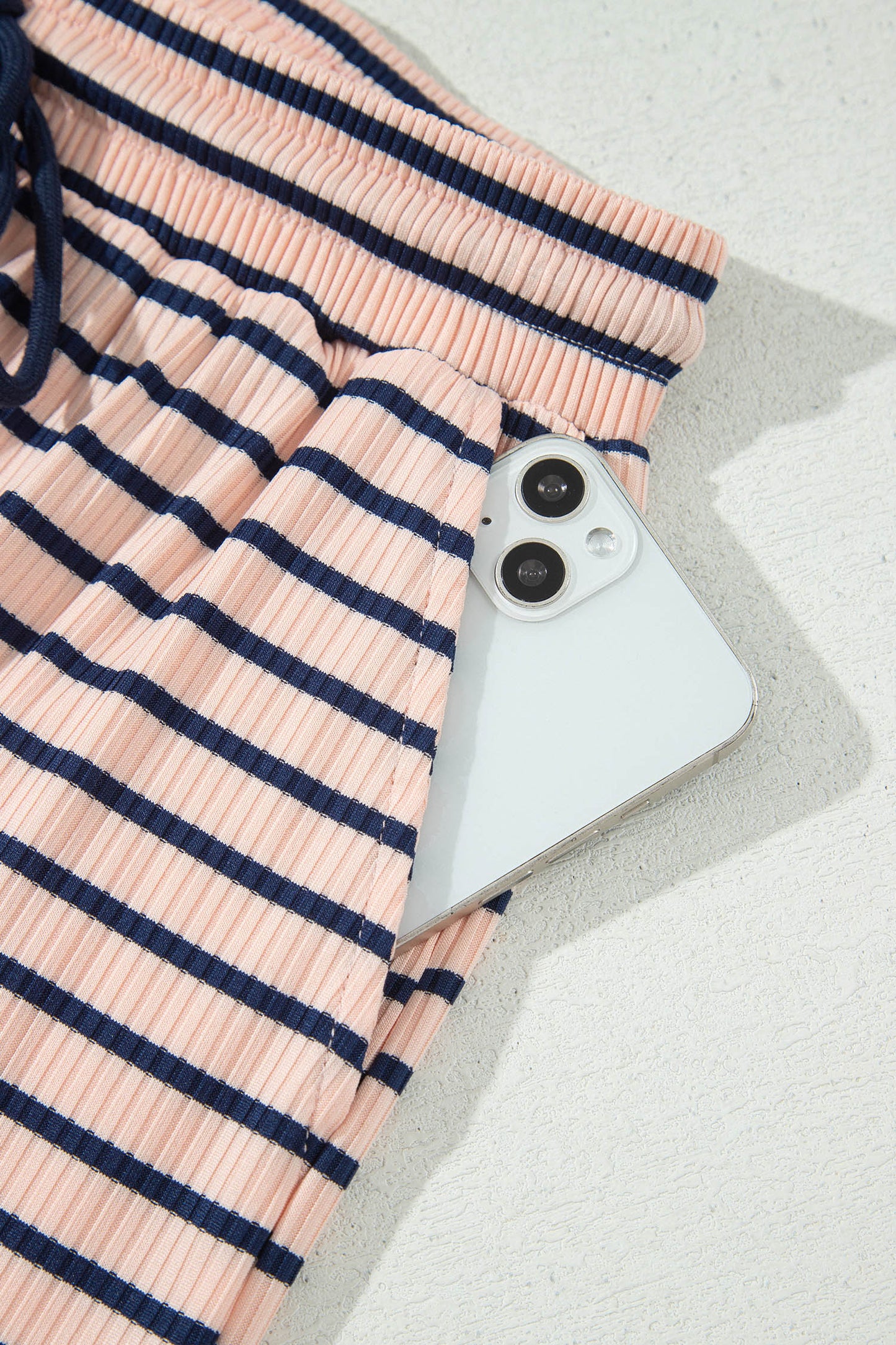 Blue Stripe Color Block Long Sleeve Pullover Ribbed Knit Casual Shorts Set-Two Piece Sets/Short Sets-[Adult]-[Female]-2022 Online Blue Zone Planet
