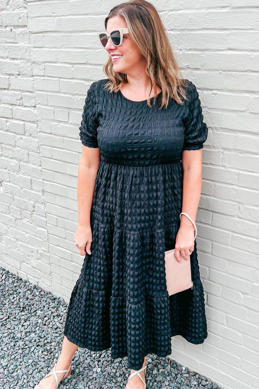 Black Plus Size Textured Tiered Short Sleeve Maxi Dress-TOPS / DRESSES-[Adult]-[Female]-2022 Online Blue Zone Planet