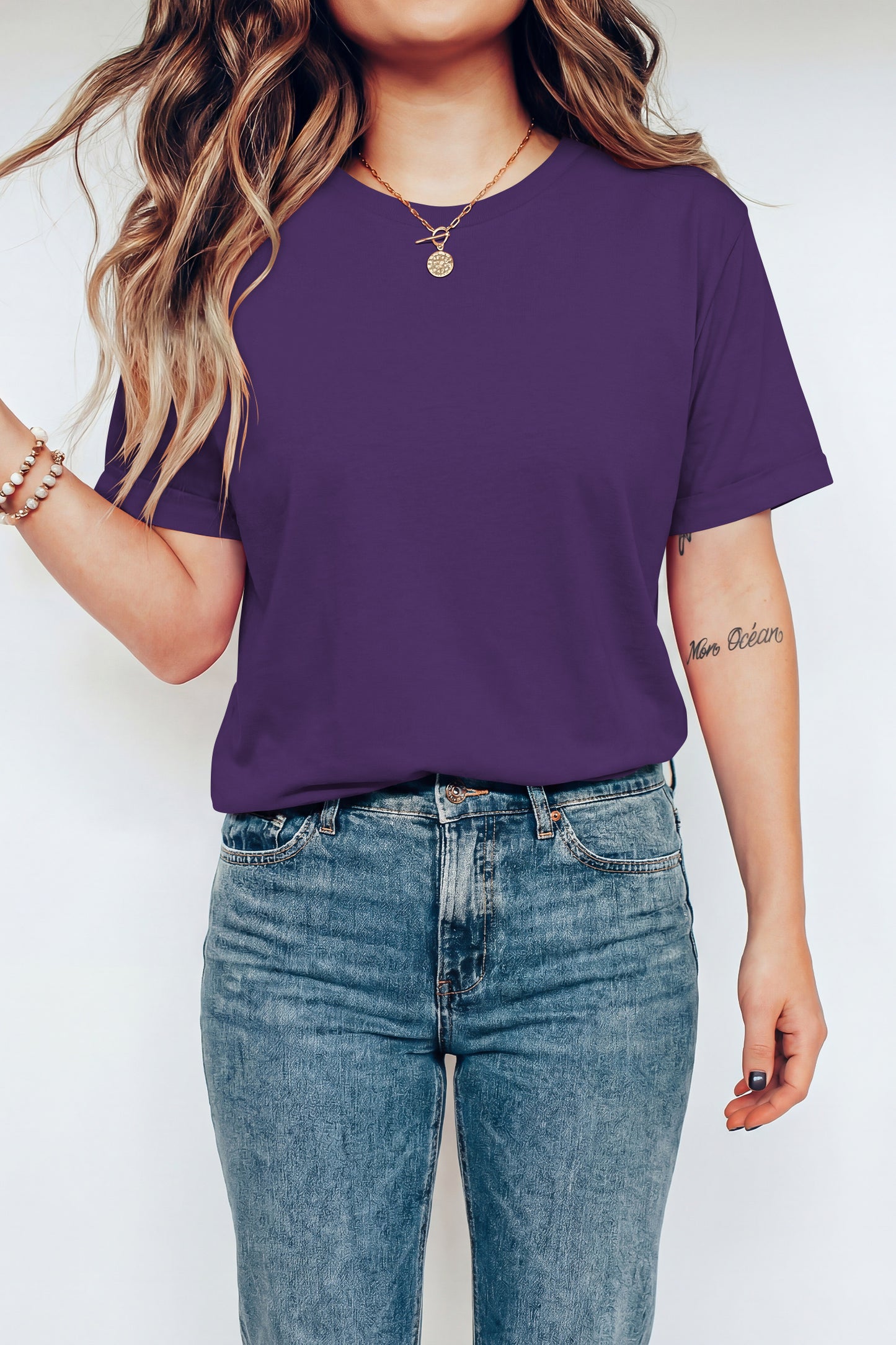 Tillandsia Purple Casual Plain Crew Neck Tee-Tops/Tops & Tees-[Adult]-[Female]-2022 Online Blue Zone Planet