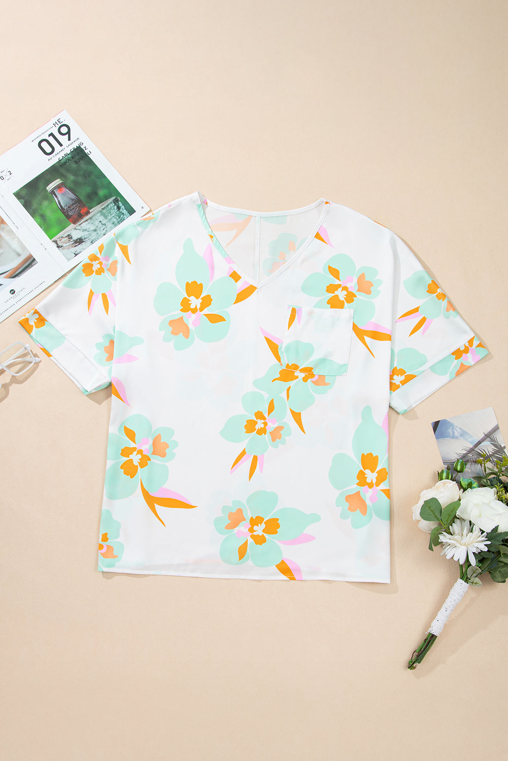 Green Floral Print Loose Fit V Neck Half Sleeve Blouse-Tops/Blouses & Shirts-[Adult]-[Female]-2022 Online Blue Zone Planet
