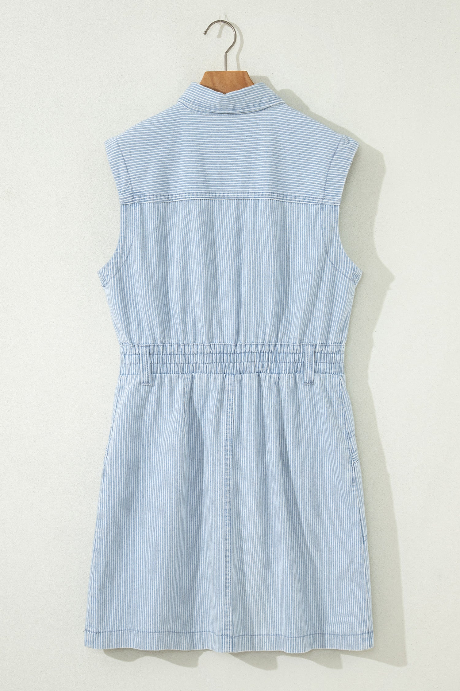 Sky Blue Stripe Collared Button Front Sleeveless Denim Mini Dress-TOPS / DRESSES-[Adult]-[Female]-2022 Online Blue Zone Planet