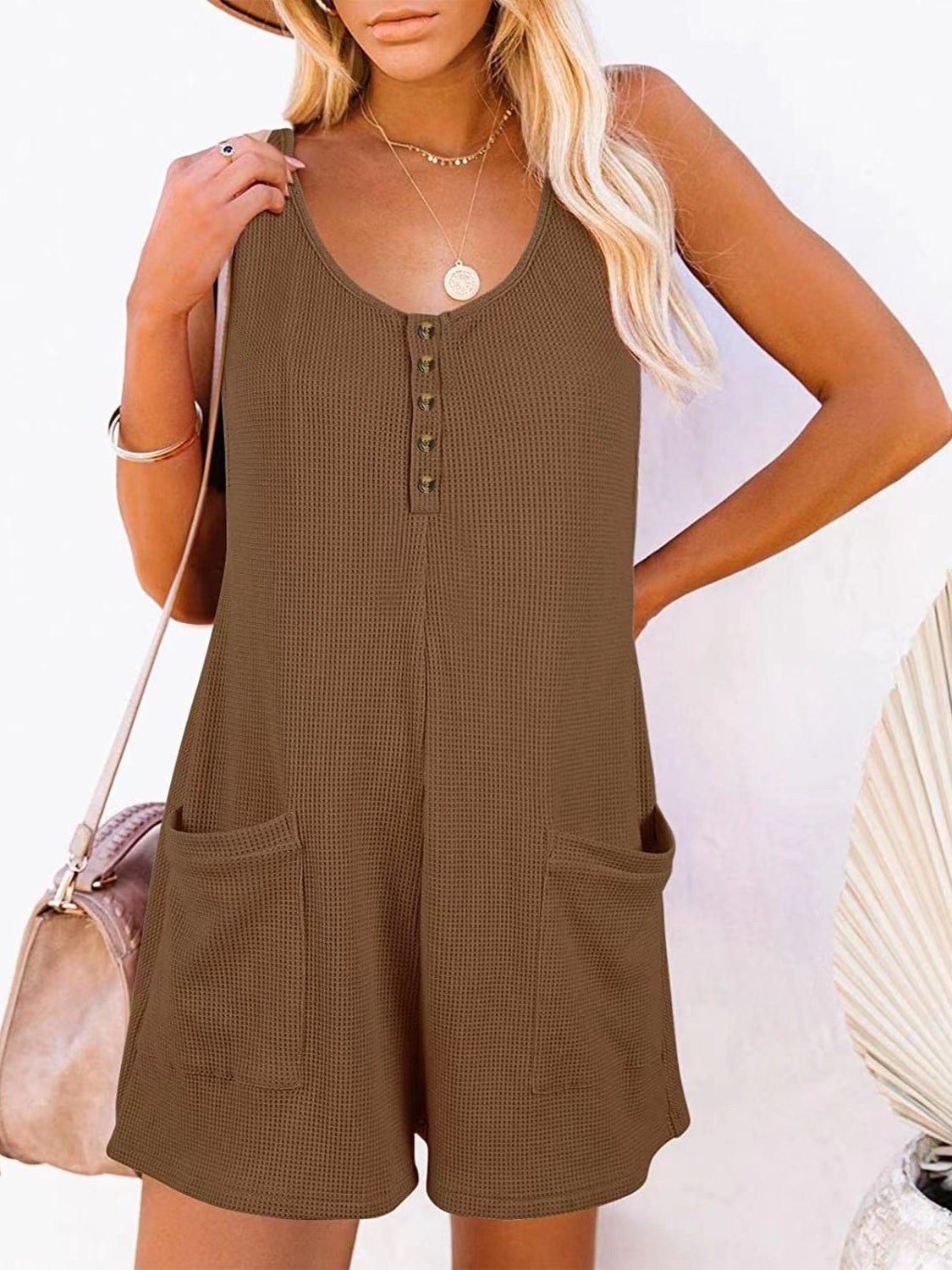 Blue Zone Planet | Full Size Pocketed Scoop Neck Sleeveless Romper-TOPS / DRESSES-[Adult]-[Female]-Mocha-S-2022 Online Blue Zone Planet