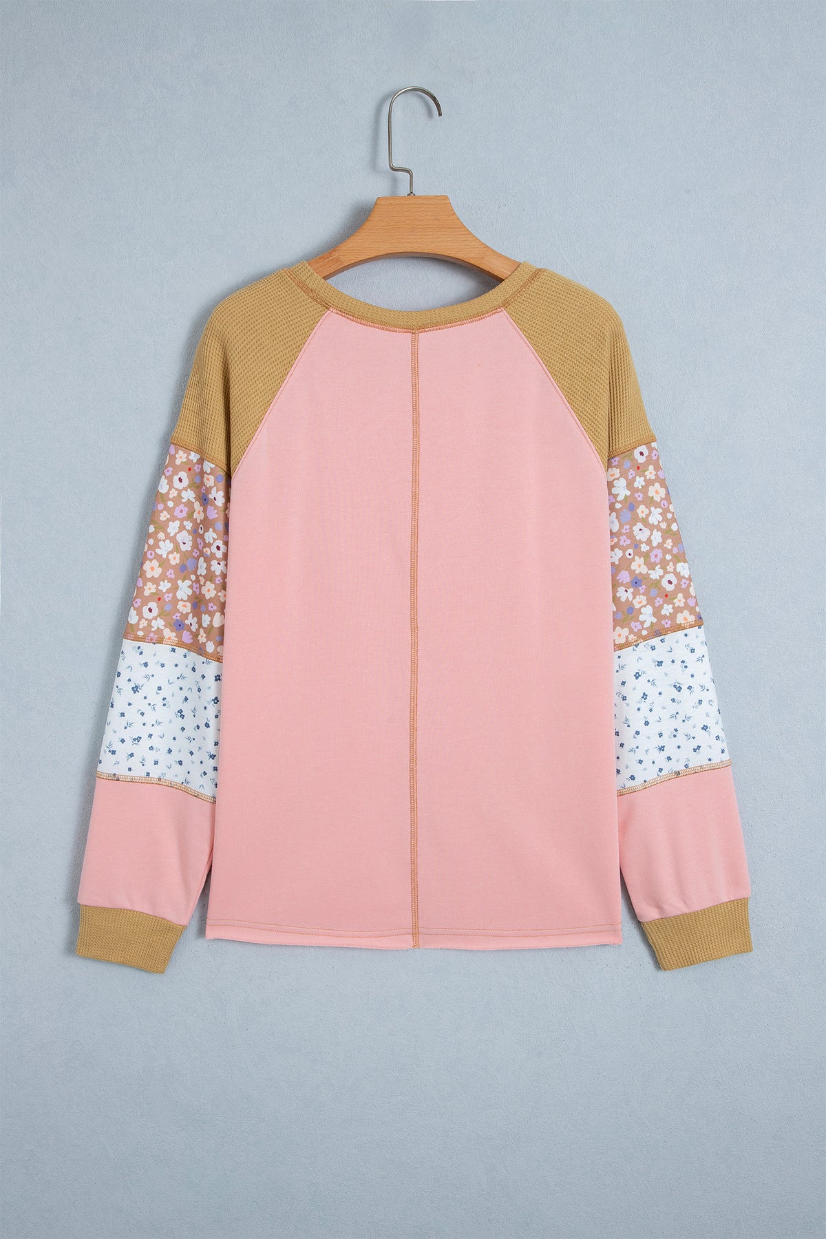 Apricot Pink Color Block Floral Waffle Mixed Patchwork Long Sleeve Top-Tops/Long Sleeve Tops-[Adult]-[Female]-2022 Online Blue Zone Planet