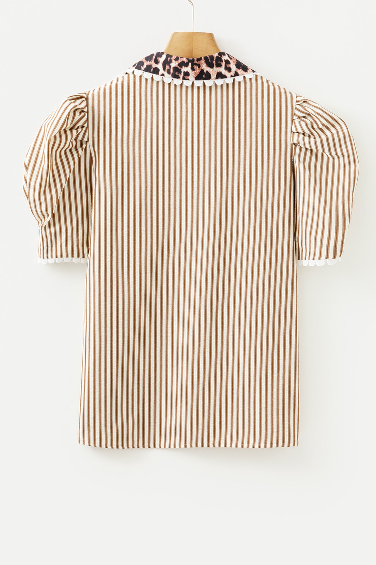Brown Stripe Ricrac Trim Short Puff Sleeve Leopard Patchwork Collar V Neck Blouse-Tops/Blouses & Shirts-[Adult]-[Female]-2022 Online Blue Zone Planet
