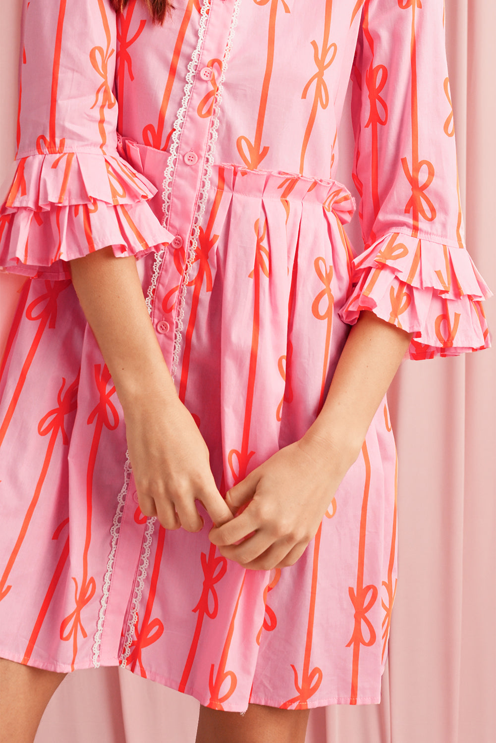 Blue Zone Planet | Pink Bowknot Striped Ruffle Mini Shirt Dress-TOPS / DRESSES-[Adult]-[Female]-2022 Online Blue Zone Planet