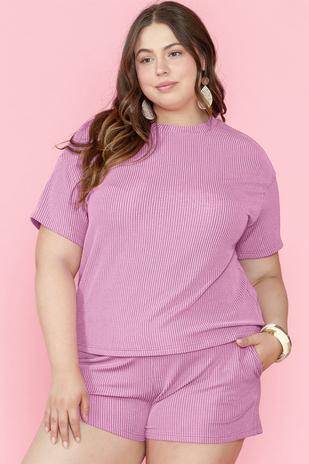 Blue Zone Planet | Plus Size Round Neck Short Sleeve Top and Shorts Set-TOPS / DRESSES-[Adult]-[Female]-2022 Online Blue Zone Planet