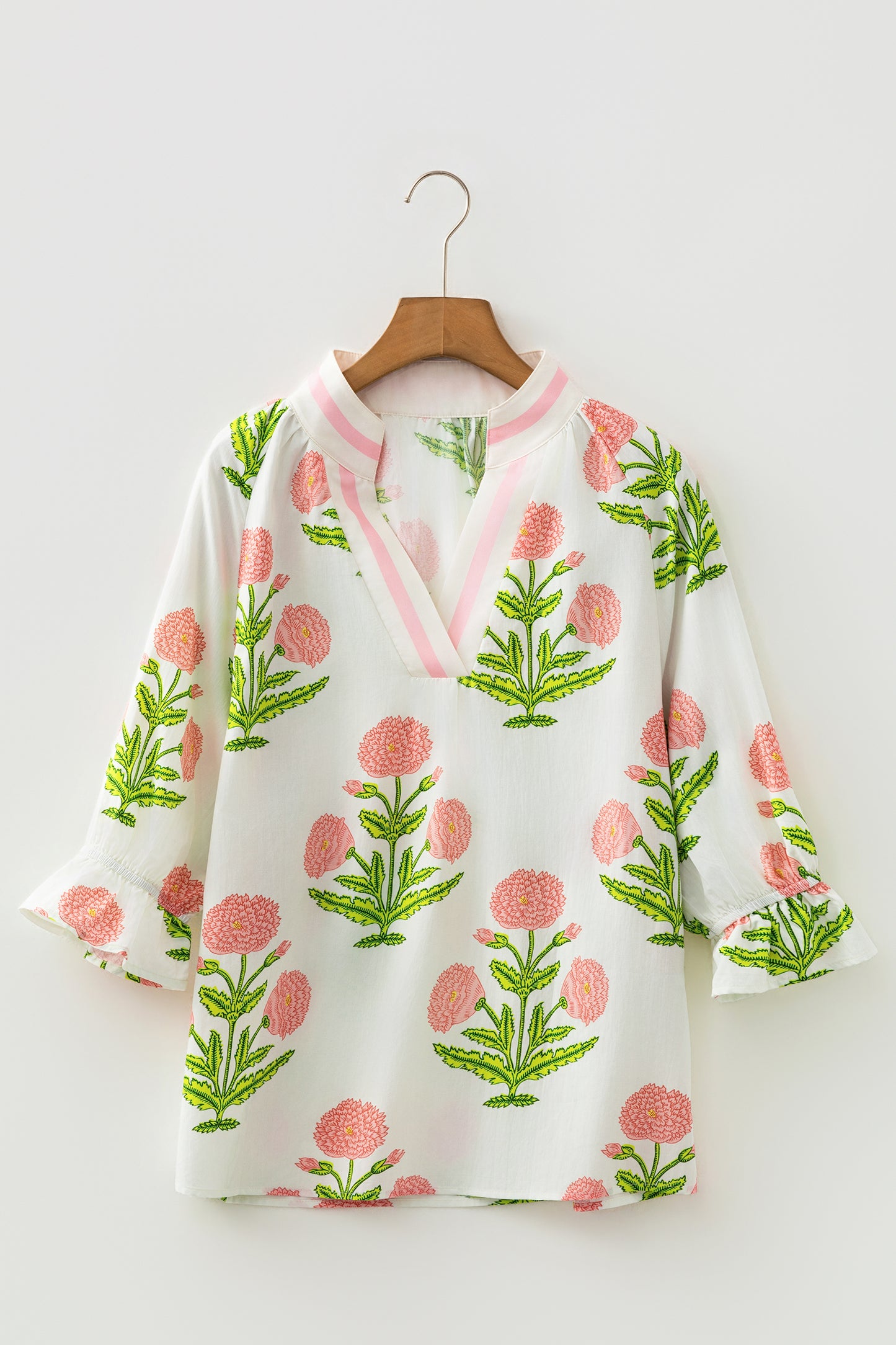 Casual Wild Flower Print V Neck 3/4 Sleeve Blouse-Tops/Blouses & Shirts-[Adult]-[Female]-2022 Online Blue Zone Planet