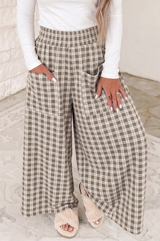 Khaki Plaid Elastic Waist Patch Pocket Wide Leg Pants-Bottoms/Pants & Culotte-[Adult]-[Female]-Khaki-S-2022 Online Blue Zone Planet