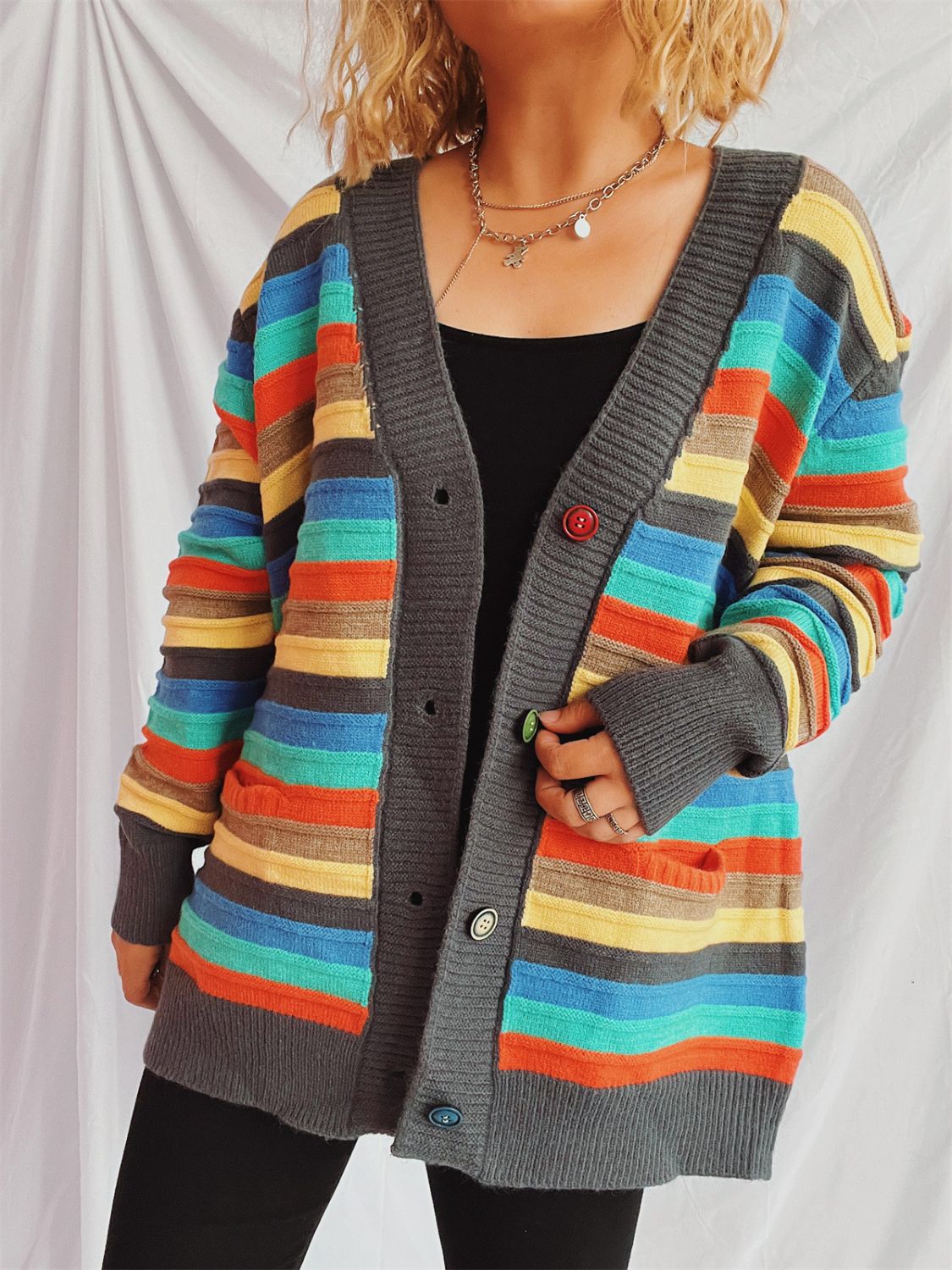 Contrast Stripes Button Up Long Sleeve Cardigan-TOPS / DRESSES-[Adult]-[Female]-2022 Online Blue Zone Planet