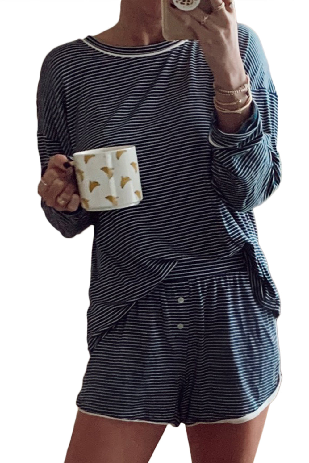 Blue Stripe Drop Shoulder Round Neck Long Sleeve Tee and Buttoned Shorts 2pcs Lounge Set-Loungewear & Sleepwear/Loungewear-[Adult]-[Female]-2022 Online Blue Zone Planet