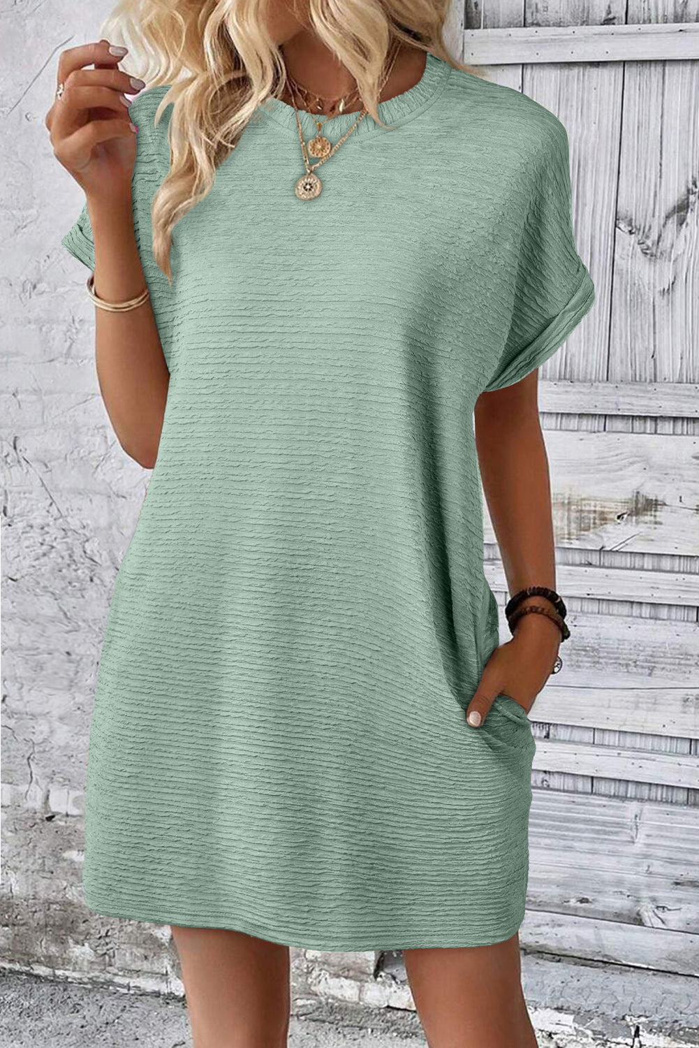 Grass Green Solid Color Textured Crinkle Short Sleeve T Shirt Dress-Dresses/T Shirt Dresses-[Adult]-[Female]-Grass Green-S-2022 Online Blue Zone Planet