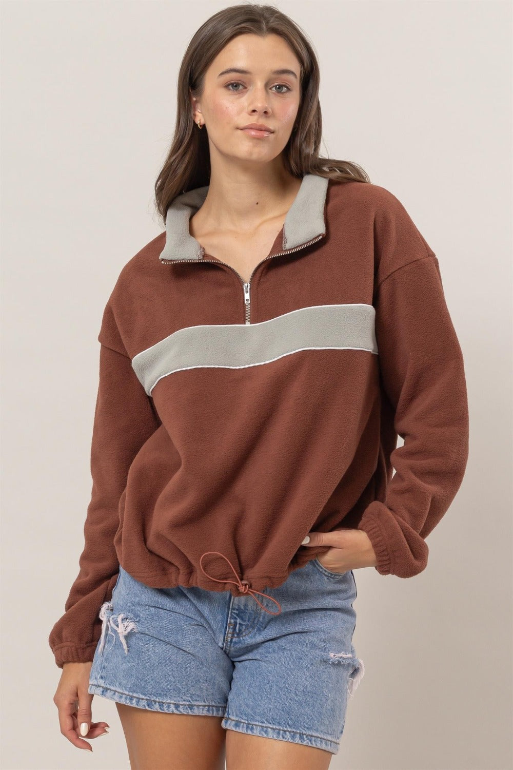 HYFVE Fleece Color Block Half Zip Sweatshirt-TOPS / DRESSES-[Adult]-[Female]-Brick-S-2022 Online Blue Zone Planet