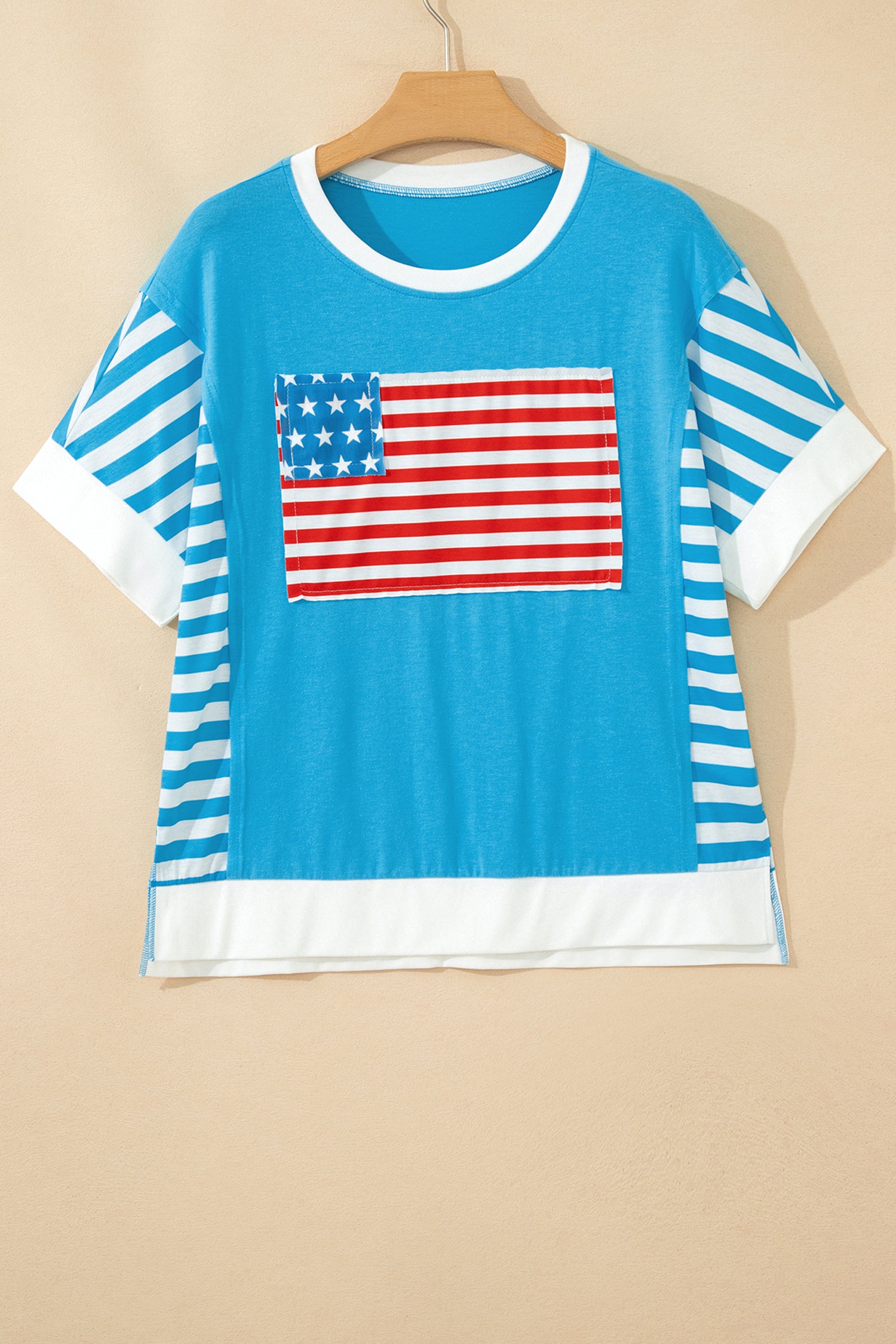 Light Blue Flag Print Patchwork Colorblock July 4th T Shirt-Tops/Tops & Tees-[Adult]-[Female]-2022 Online Blue Zone Planet