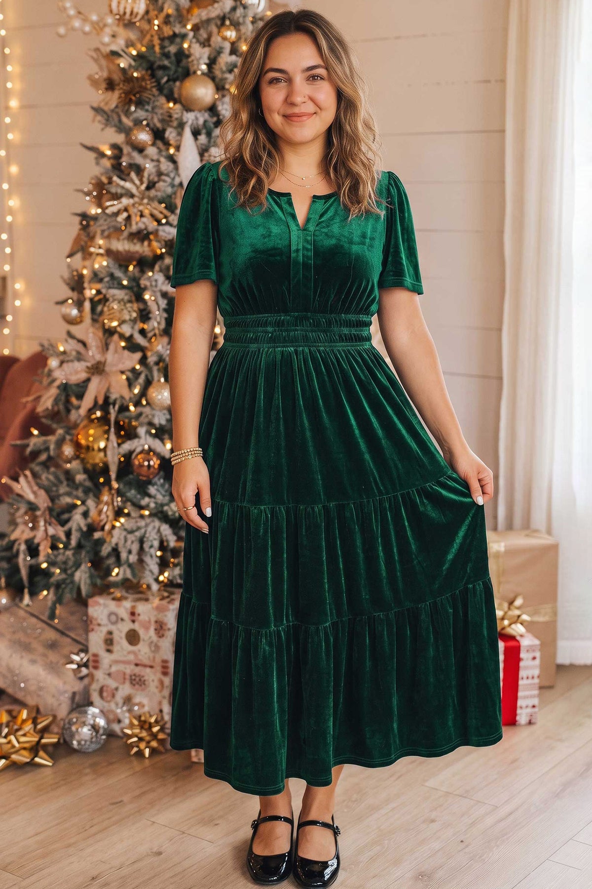 Blackish Green Velvet Short Sleeve Shirred Waist Tiered Plus Size Maxi Dress
