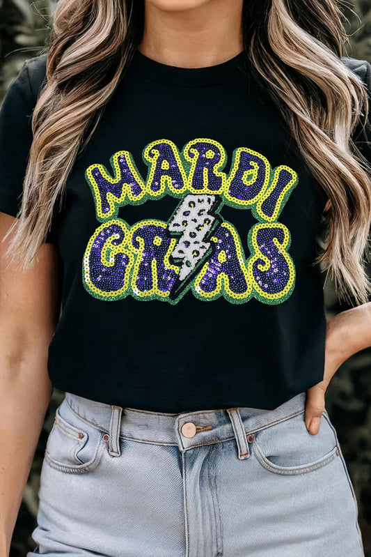 Black Sequin MARDI GRAS Letter Crewneck Tee-Graphic Tees-[Adult]-[Female]-Black-S-2022 Online Blue Zone Planet