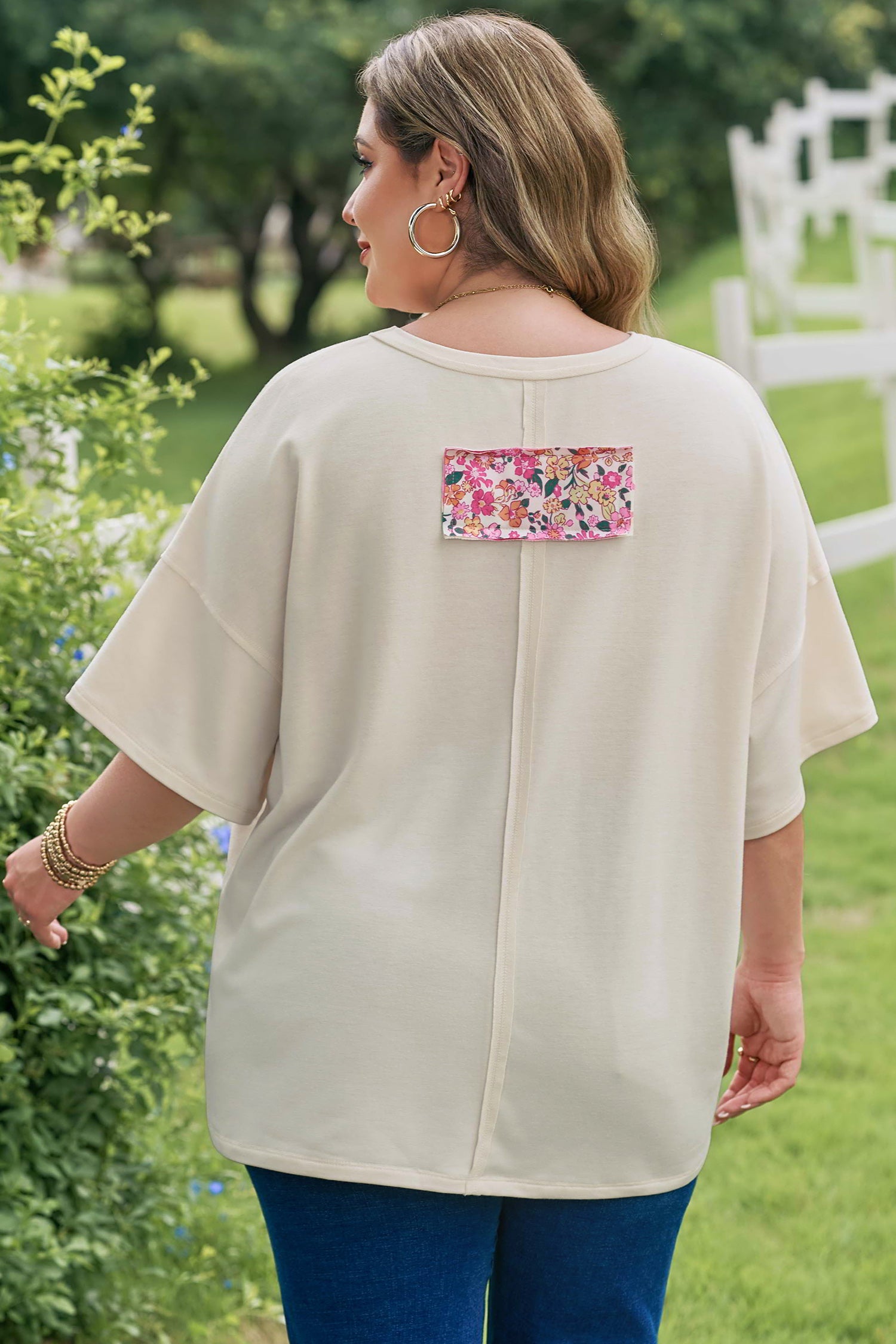Jet Stream Big Flower Patched Plus Size Tunic T-Shirt-Plus Size/Plus Size Tops/Plus Size Tops & Tees-[Adult]-[Female]-2022 Online Blue Zone Planet