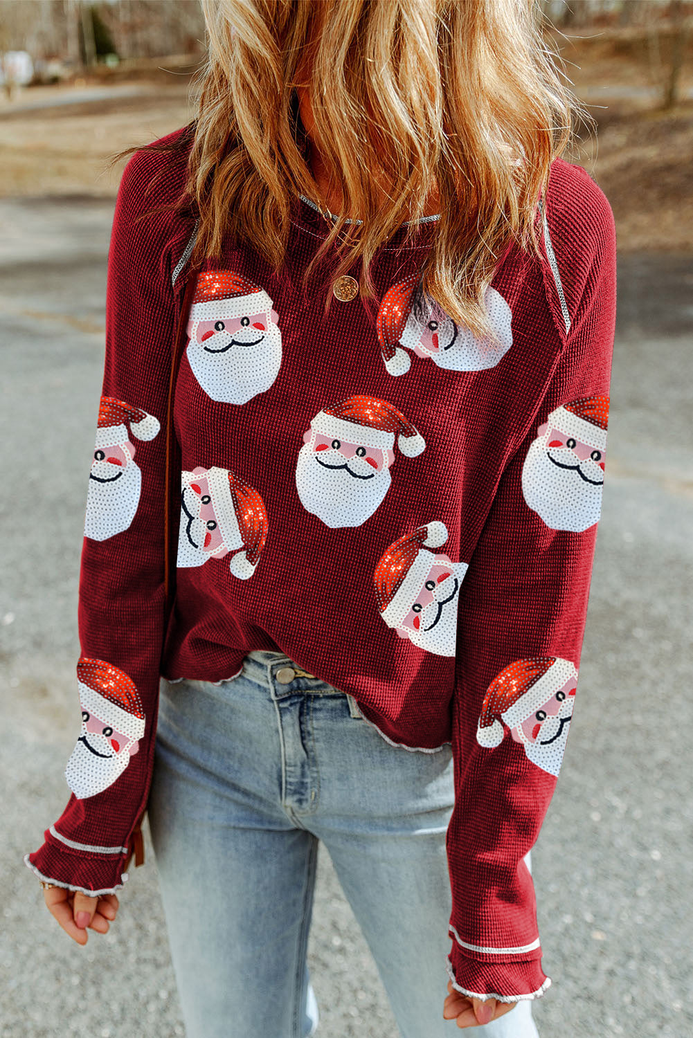 Red Casual Santa Claus Round Neck Graphic Sweatshirt-Graphic Sweatshirts-[Adult]-[Female]-Red-S-2022 Online Blue Zone Planet