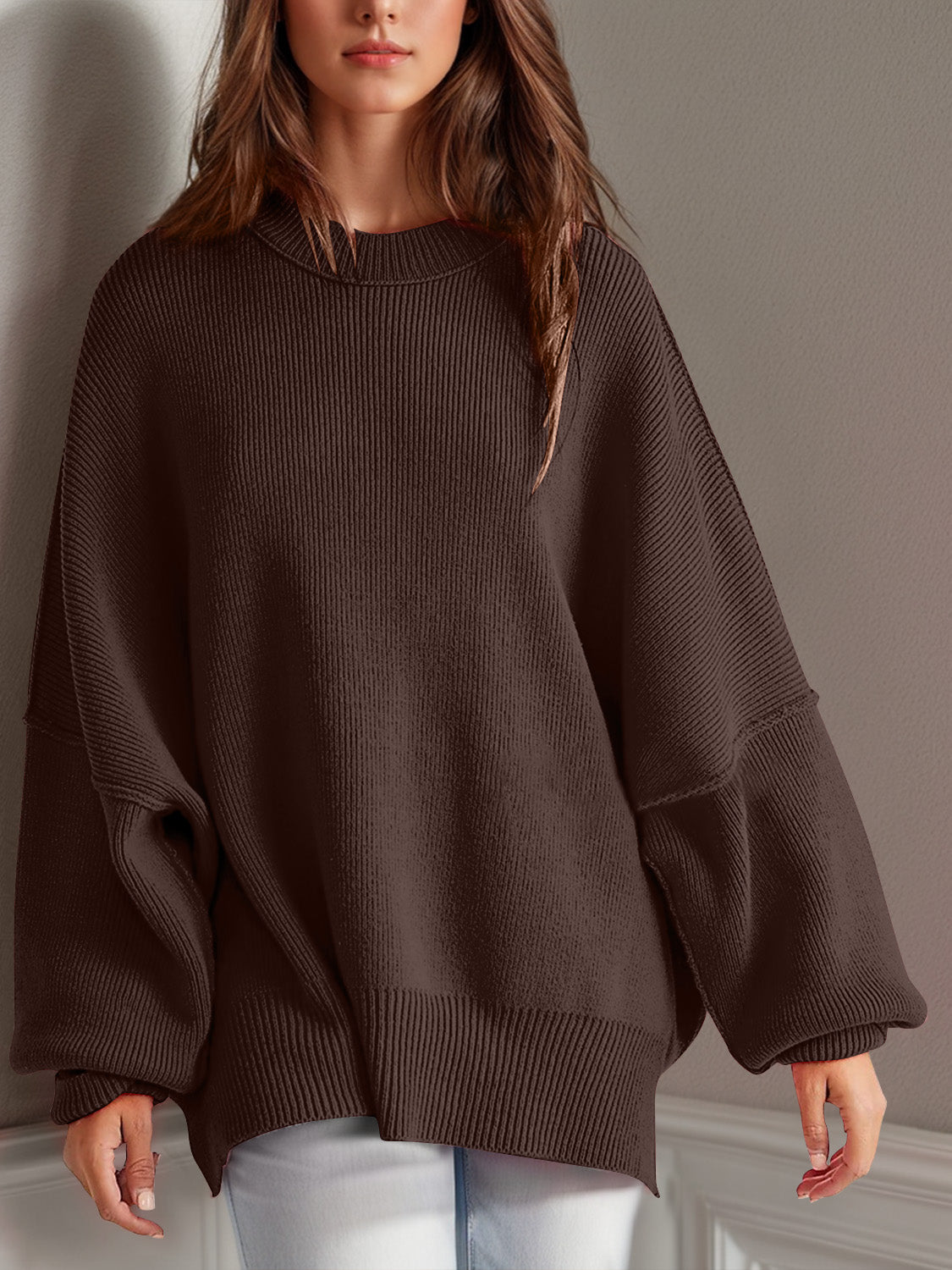 Blue Zone Planet | Double Take Side Slit Round Neck Long Sleeve Sweater-TOPS / DRESSES-[Adult]-[Female]-Dark Brown-S-2022 Online Blue Zone Planet