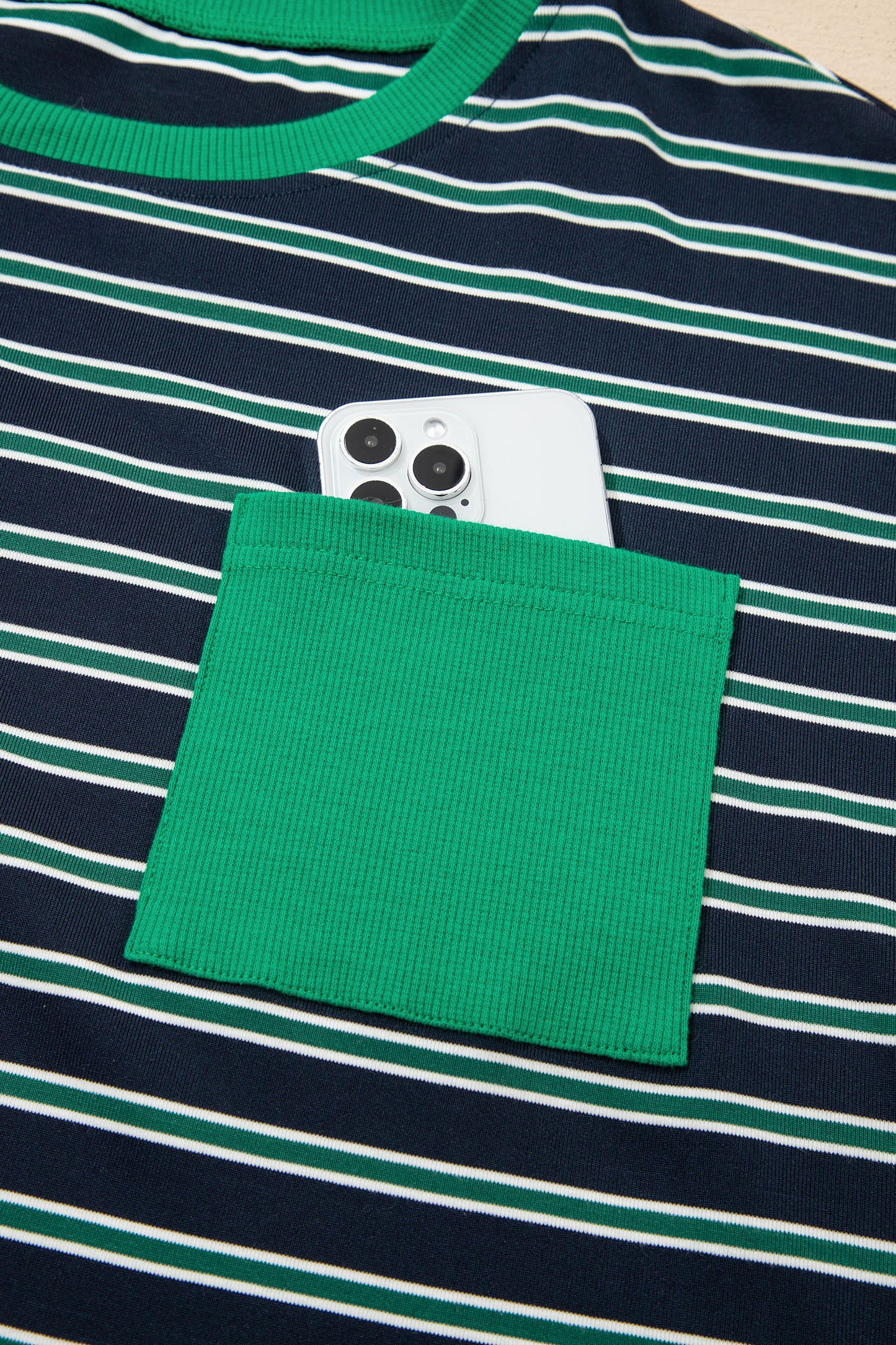 Green Stripe Ribbed Color Block Patchwork Crew Neck Patch Pocket Long Sleeve Top-Tops/Long Sleeve Tops-[Adult]-[Female]-2022 Online Blue Zone Planet