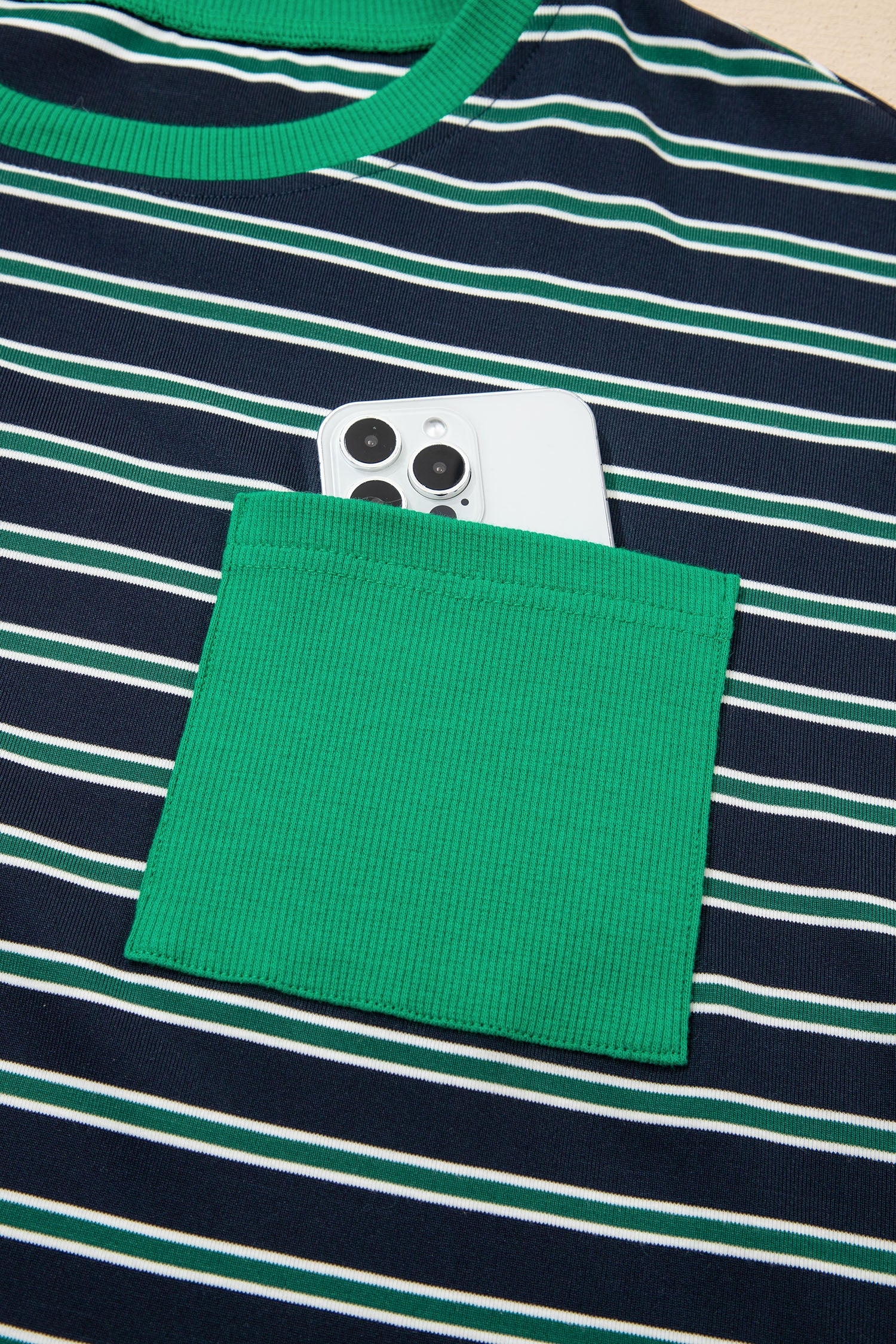 Green Stripe Ribbed Color Block Patchwork Crew Neck Patch Pocket Long Sleeve Top-Tops/Long Sleeve Tops-[Adult]-[Female]-2022 Online Blue Zone Planet