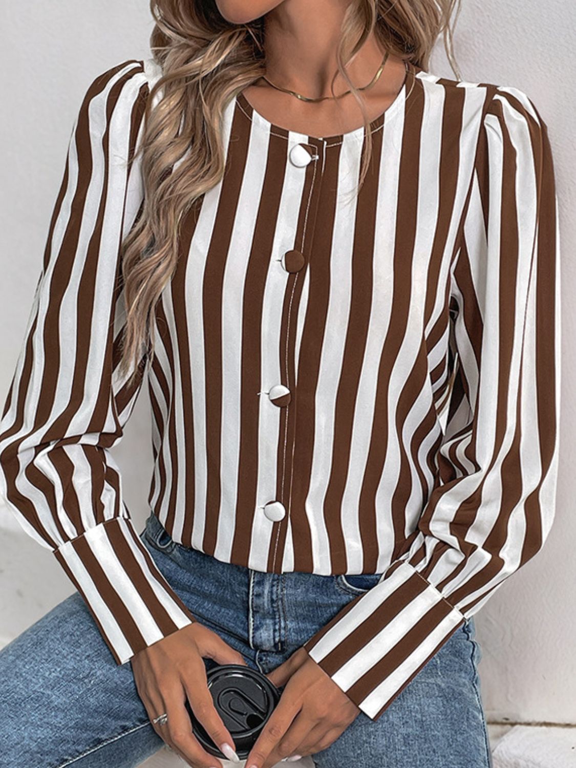 Perfee Striped Round Neck Long Sleeve Blouse-TOPS / DRESSES-[Adult]-[Female]-Brown-S-2022 Online Blue Zone Planet