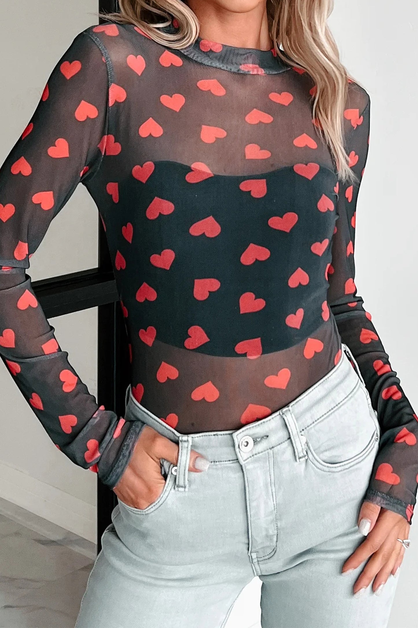 Black Valentines Heart Printed Sheer Mesh Long Sleeve Top