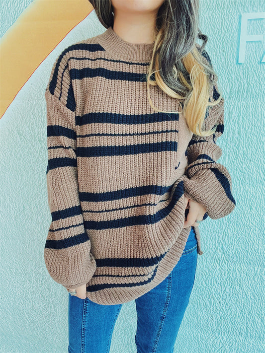 Blue Zone Planet | Striped Round Neck Long Sleeve Sweater-TOPS / DRESSES-[Adult]-[Female]-Taupe-One Size-2022 Online Blue Zone Planet