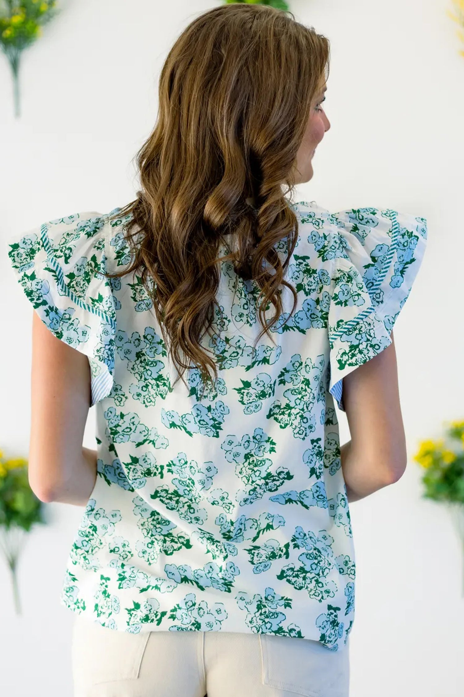 Green Floral Meets Stripes V Neck Flutter Sleeve Blouse-Tops/Blouses & Shirts-[Adult]-[Female]-2022 Online Blue Zone Planet