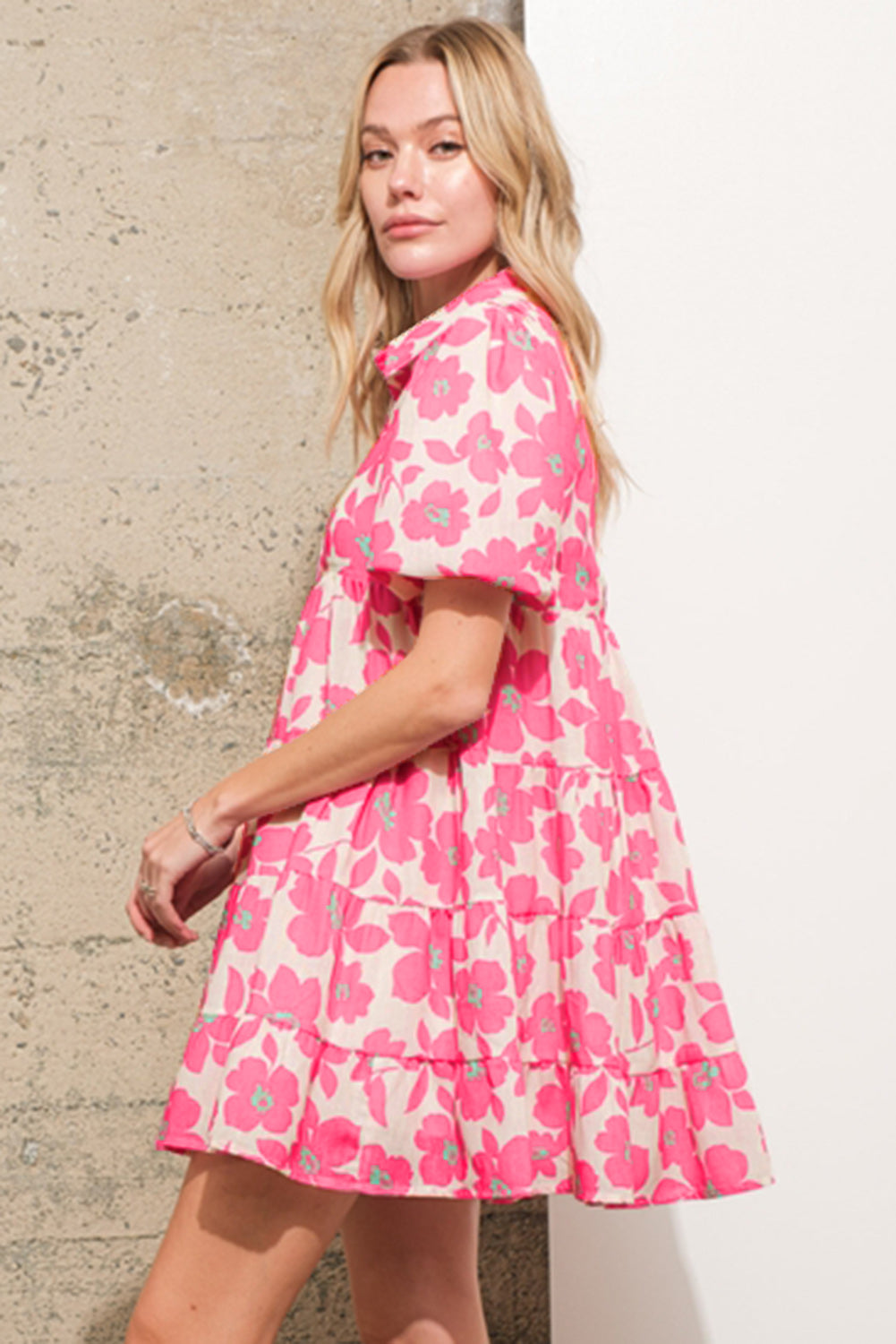 Blue Zone Planet | Pink Floral Tiered Puff Sleeve Mini Shirt Dress-TOPS / DRESSES-[Adult]-[Female]-2022 Online Blue Zone Planet