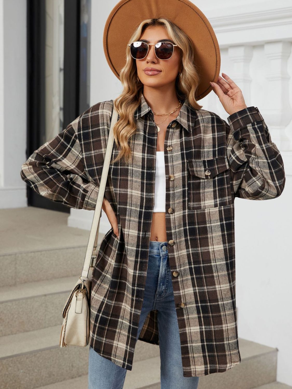 Plaid Collared Neck Long Sleeve Shirt-TOPS / DRESSES-[Adult]-[Female]-2022 Online Blue Zone Planet