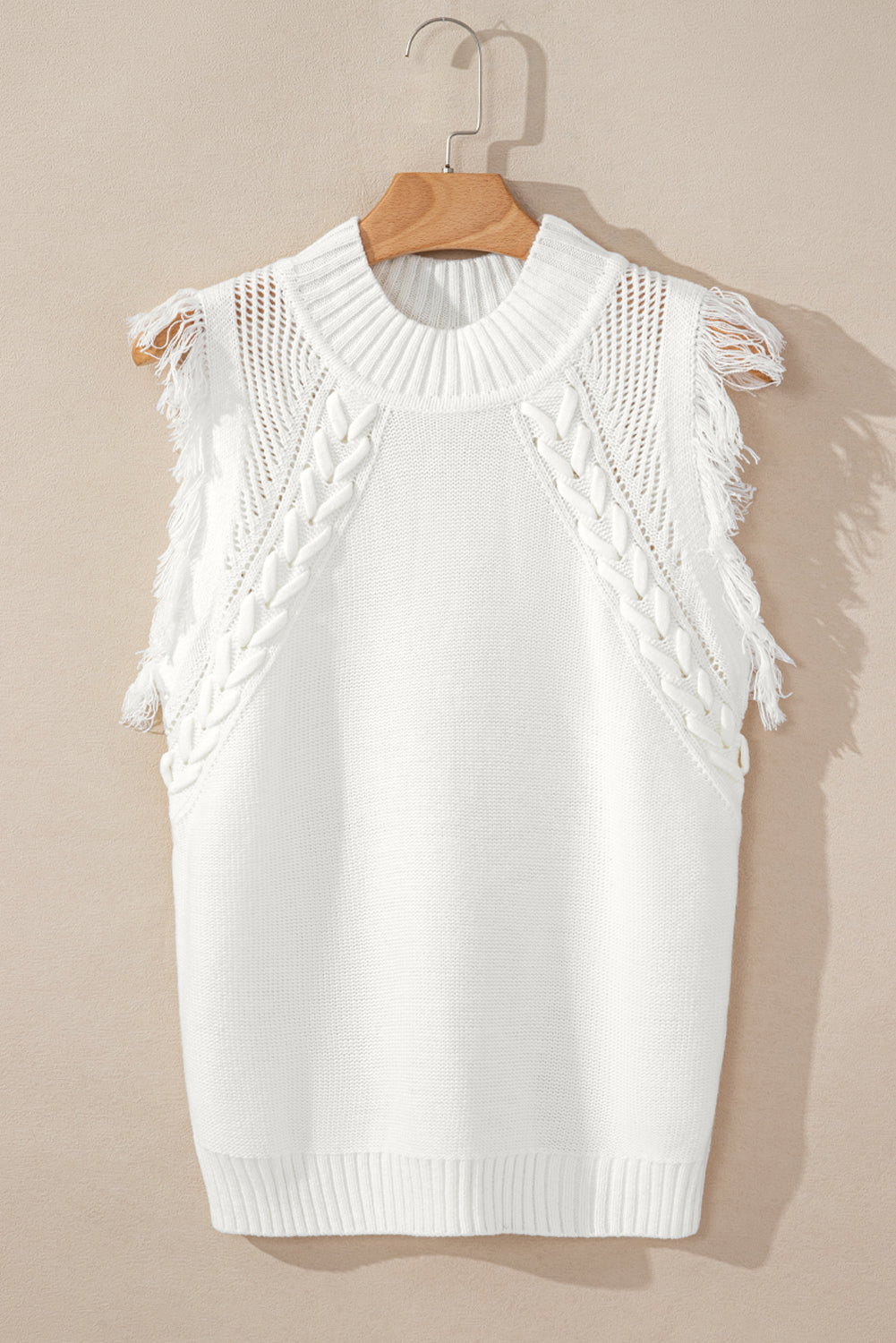 White Woven Tasseled Sleeveless Mock Neck Sweater Vest-TOPS / DRESSES-[Adult]-[Female]-2022 Online Blue Zone Planet
