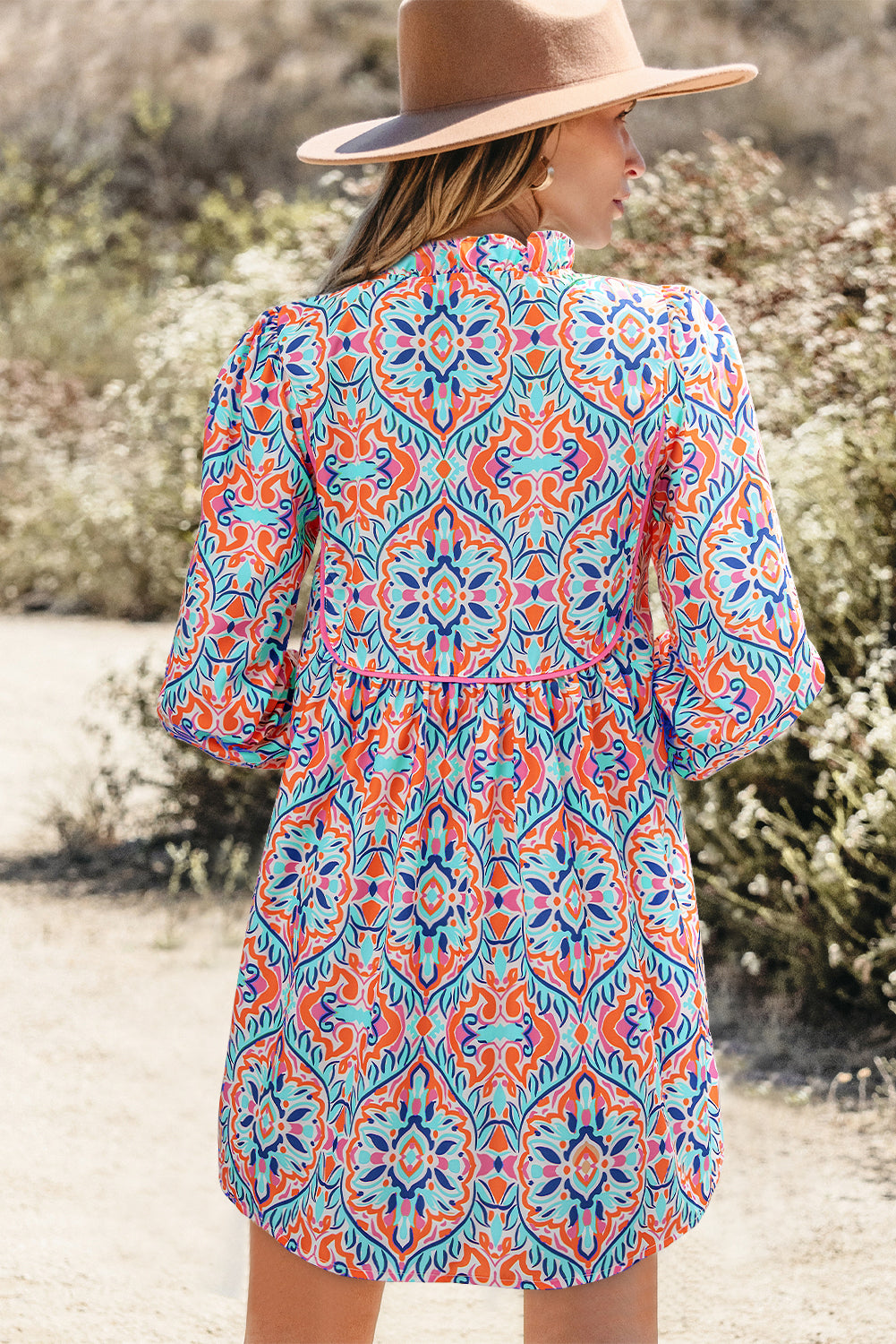 Sky Blue Abstract Printed Long Sleeve Tied Neckline Mini Dress-Dresses/Mini Dresses-[Adult]-[Female]-2022 Online Blue Zone Planet