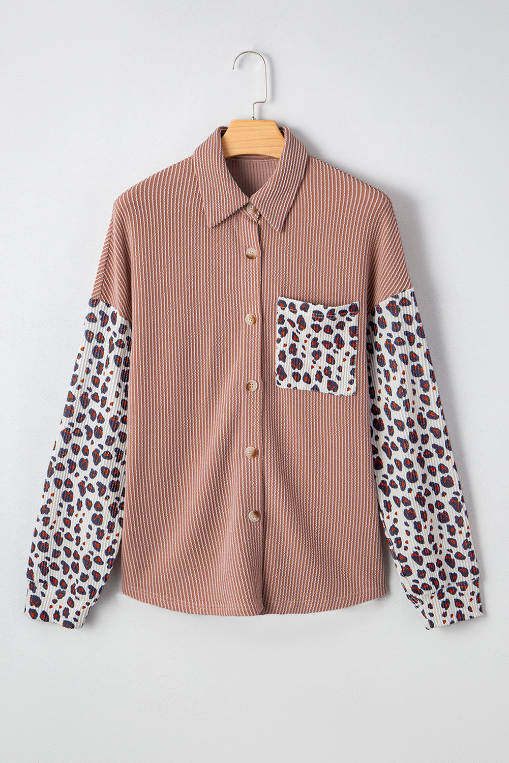 Dark Khaki Leopard Patched Twisted Ribbed Western Casual Shacket-Outerwear/Jackets-[Adult]-[Female]-2022 Online Blue Zone Planet