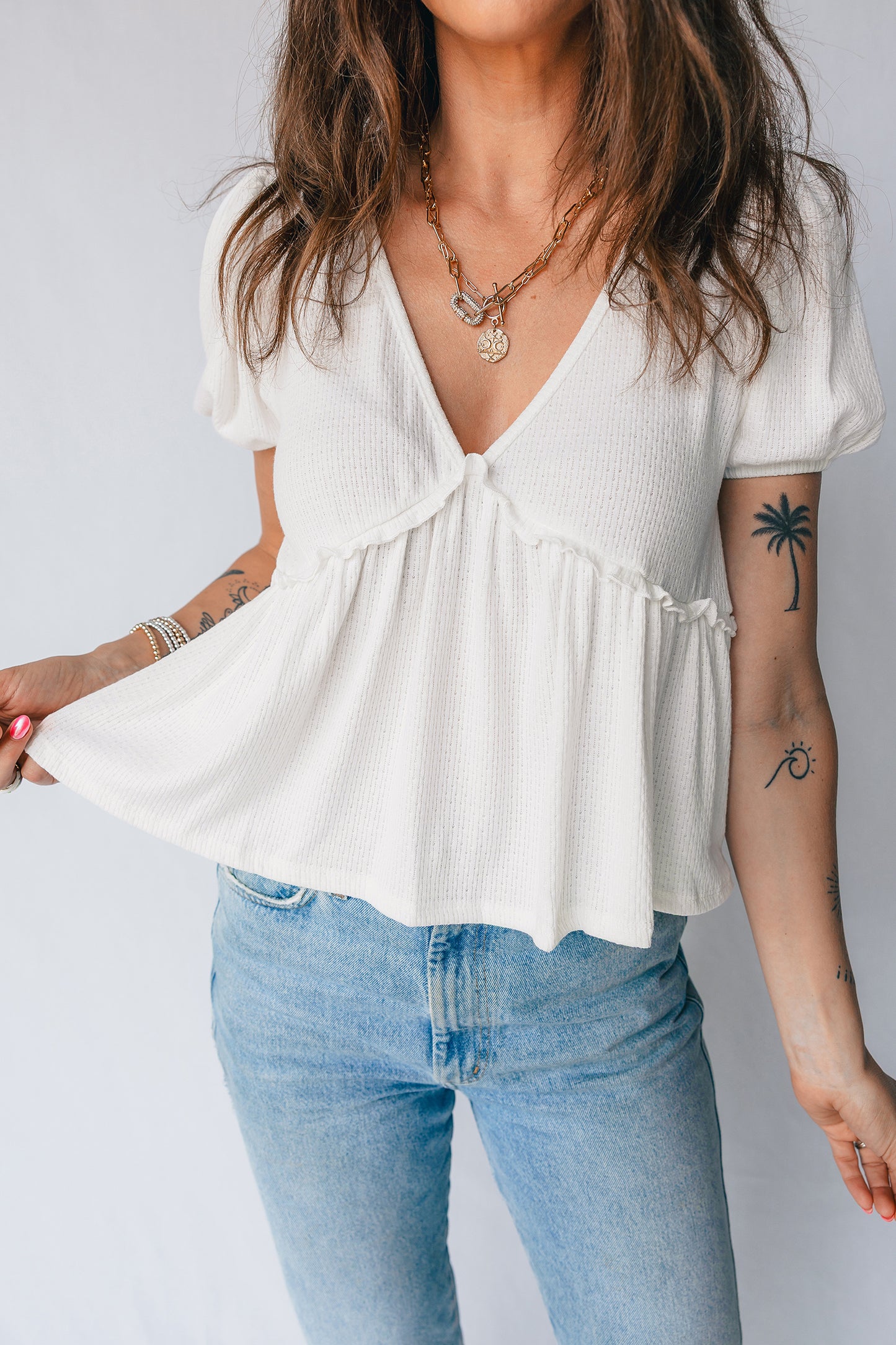 White Textured Knit V Neck Short Bubble Sleeve Peplum Top-Tops/Blouses & Shirts-[Adult]-[Female]-2022 Online Blue Zone Planet