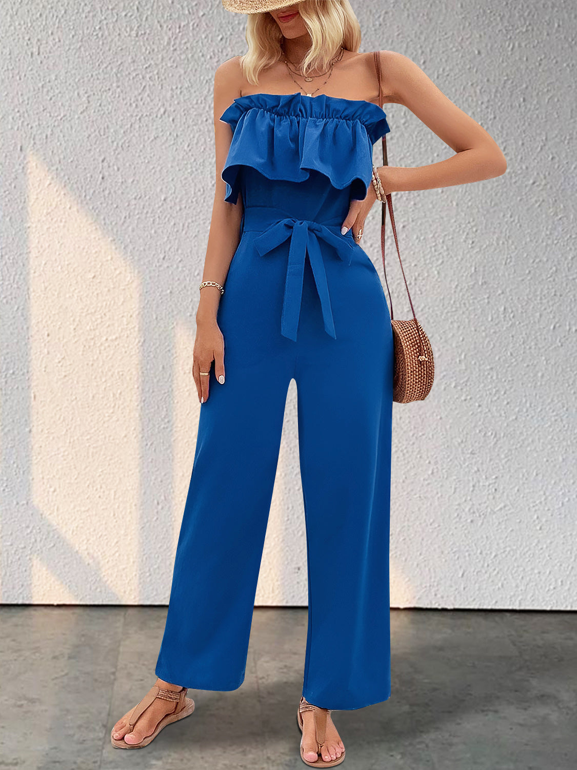 Ruffled Tie Waist Tube Jumpsuit-TOPS / DRESSES-[Adult]-[Female]-Royal Blue-S-2022 Online Blue Zone Planet